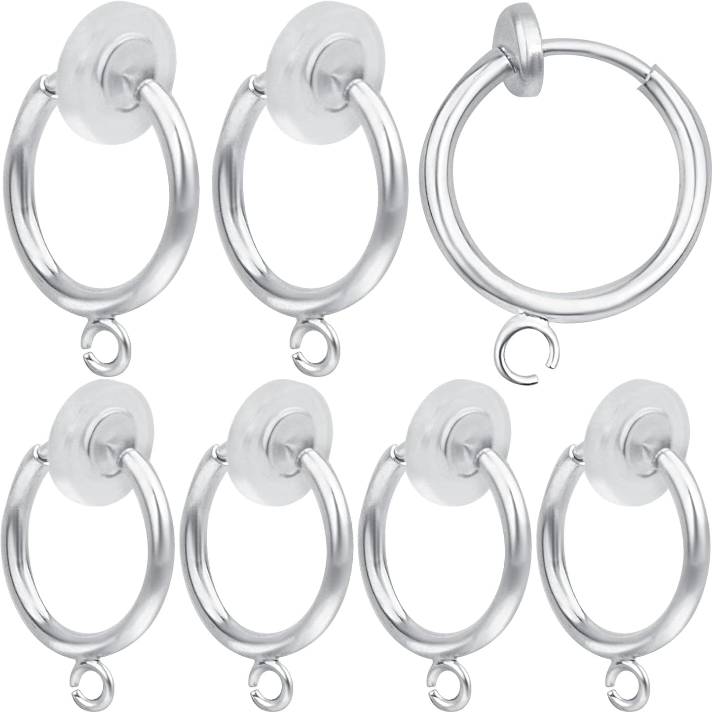 16pcs Brass Clip-on Hoop Earring Converters Round Dangle Ear Clips Classic Earring Findings with Open Loop for Non-Pierced Ears Jewelry Making, Bright Silver