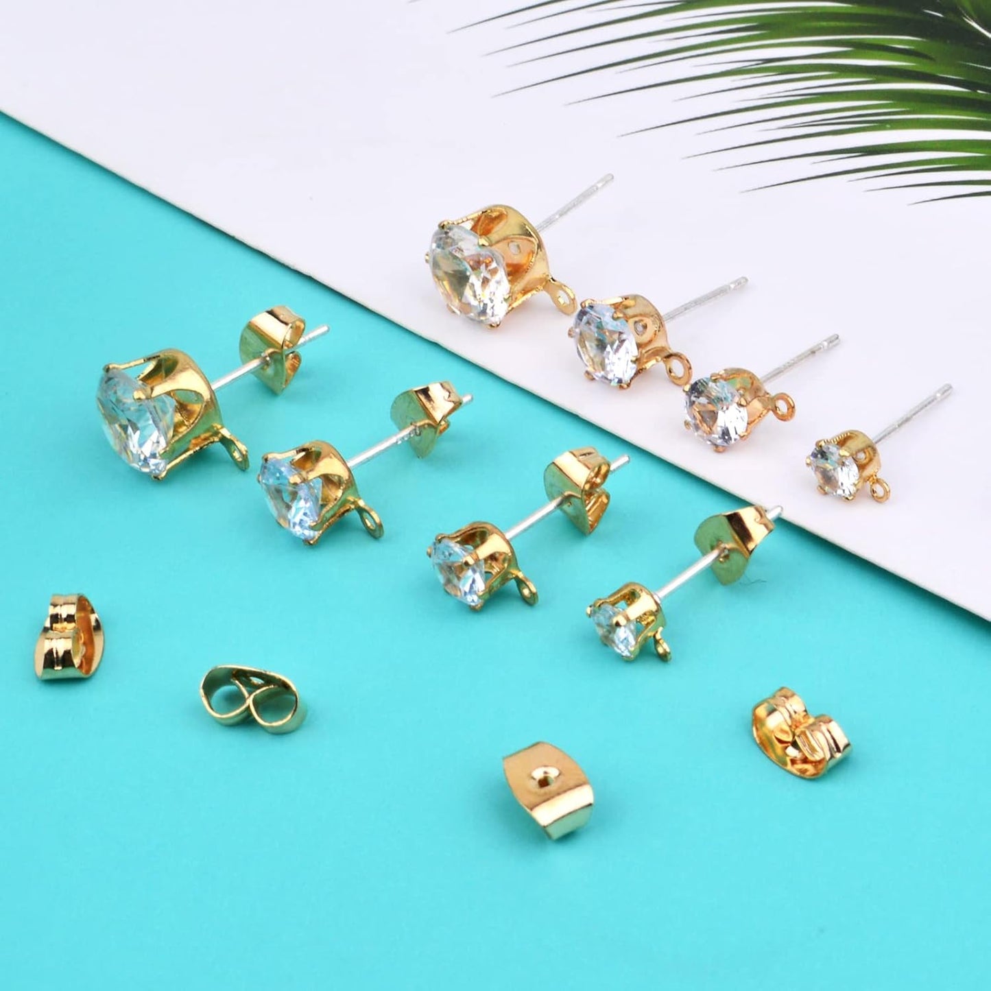 40 Pieces Cubic Zirconia Earring Posts with Loop Golden Rhinestone Earring Studs and 40 Pieces Butterfly Earring Safety Backs for DIY Jewelry Making, 4 Sizes