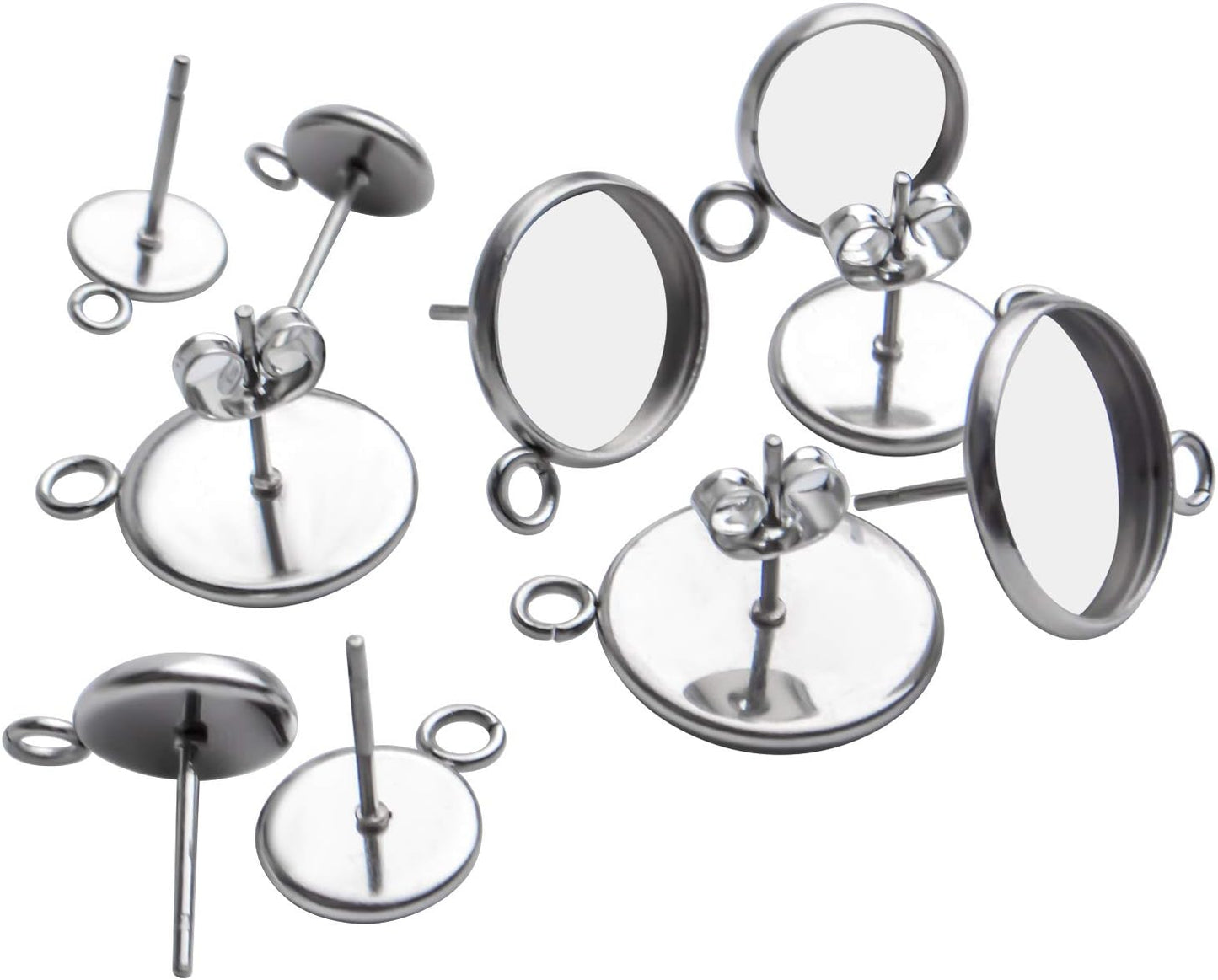 Earring Posts with Loop,50pcs Stainless Steel Bezel Earring Studs Earring Posts Cabochon Settings with Loops and 50pcs Earring Backs,6/8/10/12/14mm