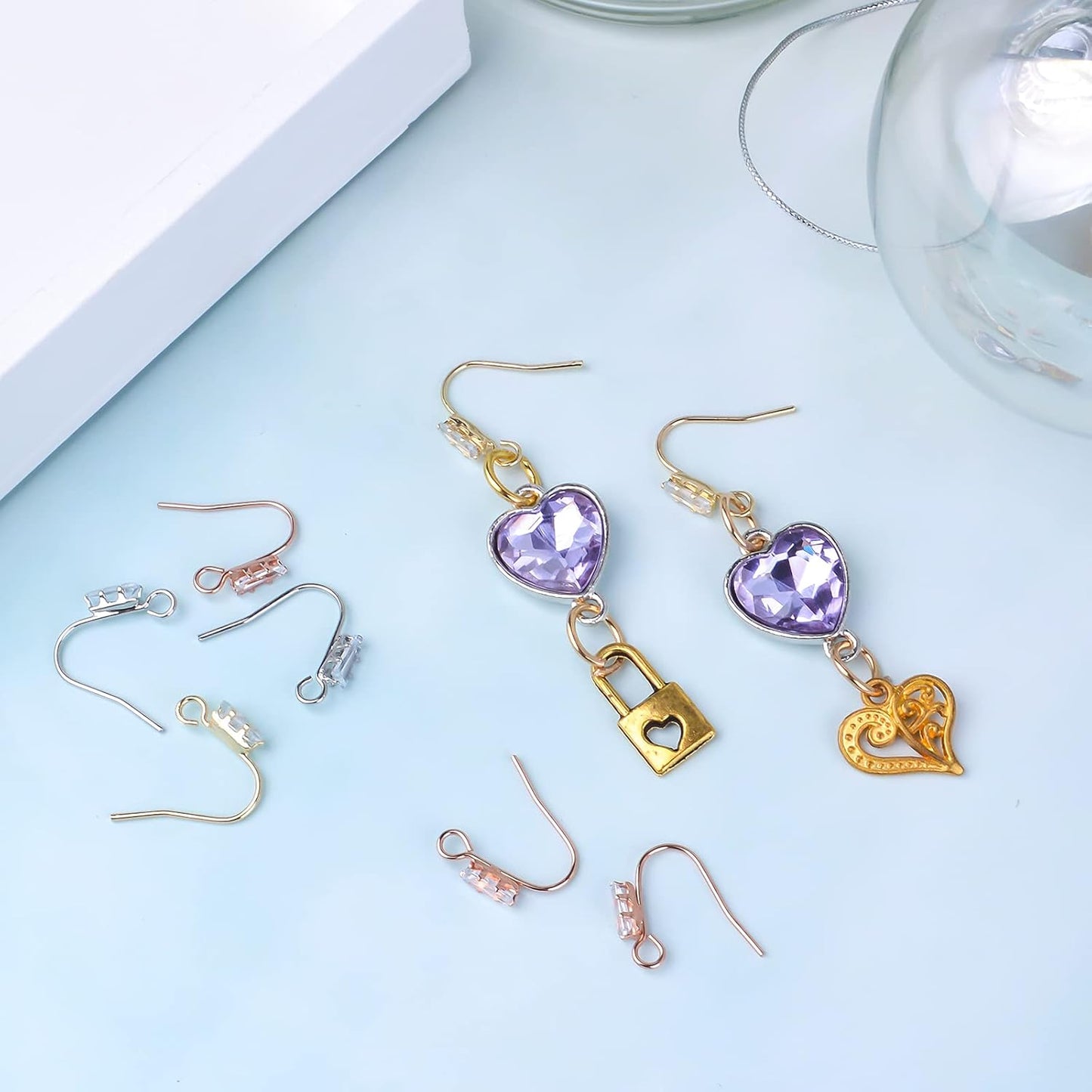 16pcs Crystal Rhinestone Earring Hooks Hypoallergenic Brass Ear Wire Hooks Cubic Zirconia French Fish Hook Earrings with Loop Hole for DIY Dangle Earrings Jewelry Making, 4 Colors