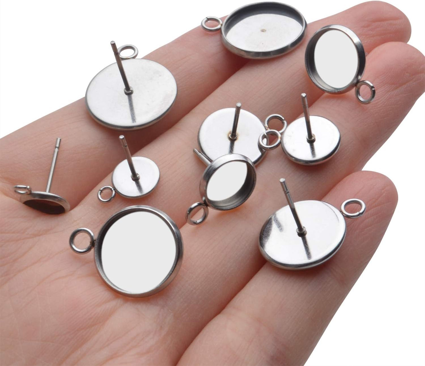 Earring Posts with Loop,50pcs Stainless Steel Bezel Earring Studs Earring Posts Cabochon Settings with Loops and 50pcs Earring Backs,6/8/10/12/14mm