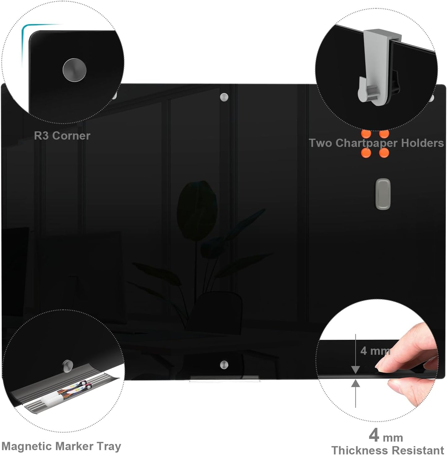 Aylifu Large Black Glass Dry Erase Board, 72 x 48 Inches Magnetic Glass whiteboard,6' x 4' Frameless Blackboard for Office,Home,School