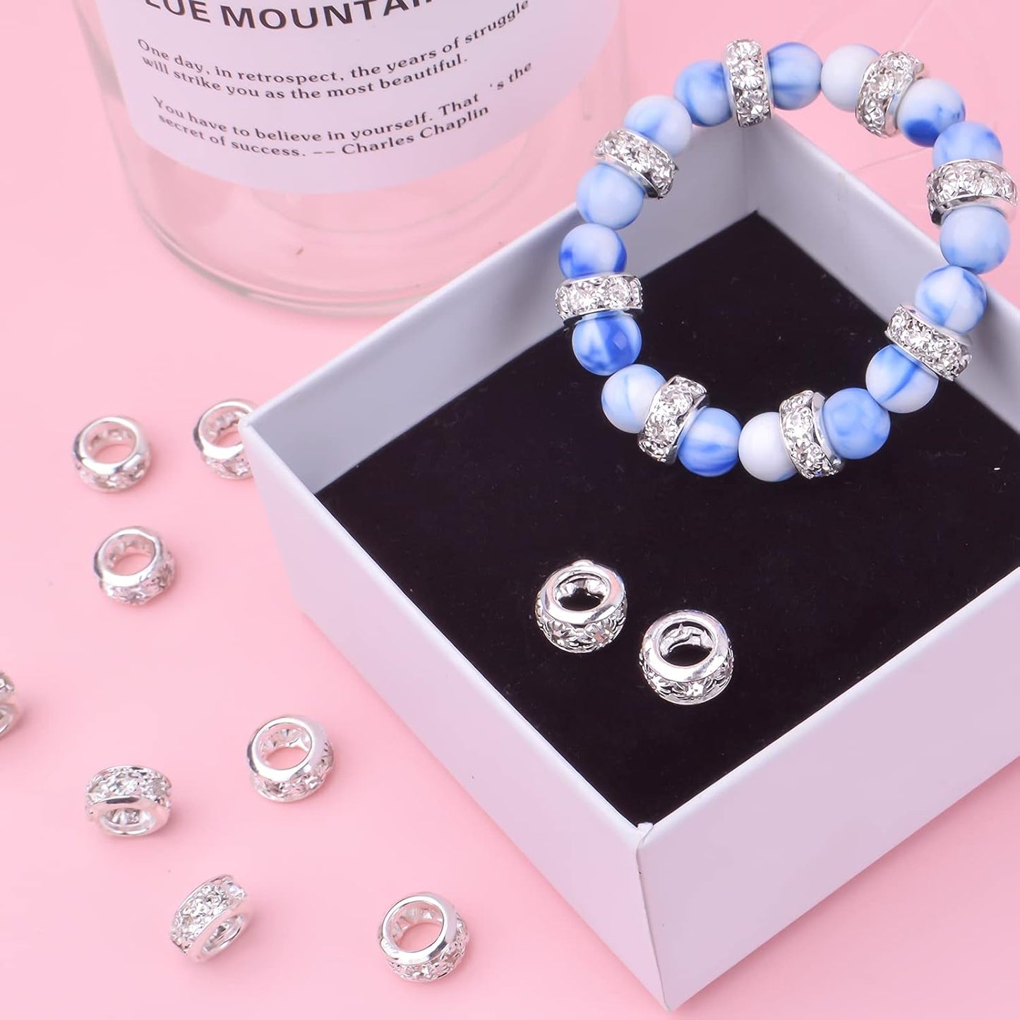 40pcs 10 mm Silver European Rhinestone Spacer Beads Brass Large Hole Beads Round Rondelle Loose Charm Beads for Snake Chain Bracelet Necklace Jewelry Making Supplies, Hole: 5.5 mm