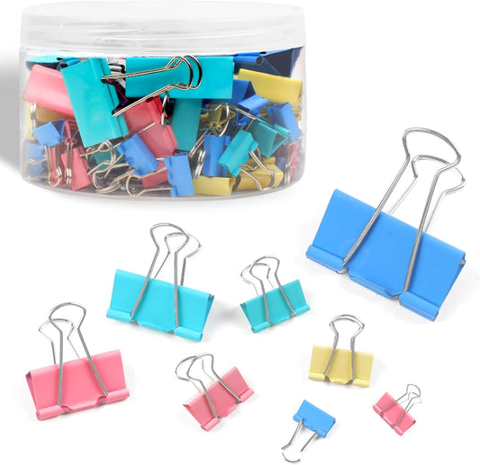 HENDEVL 125Pcs Binder Clips Colored, Binder Clips Assorted Sizes, 6 Sizes Binder Paper Clips for Office Supplies/Home/School (Blue, Pink, Yellow, Green)