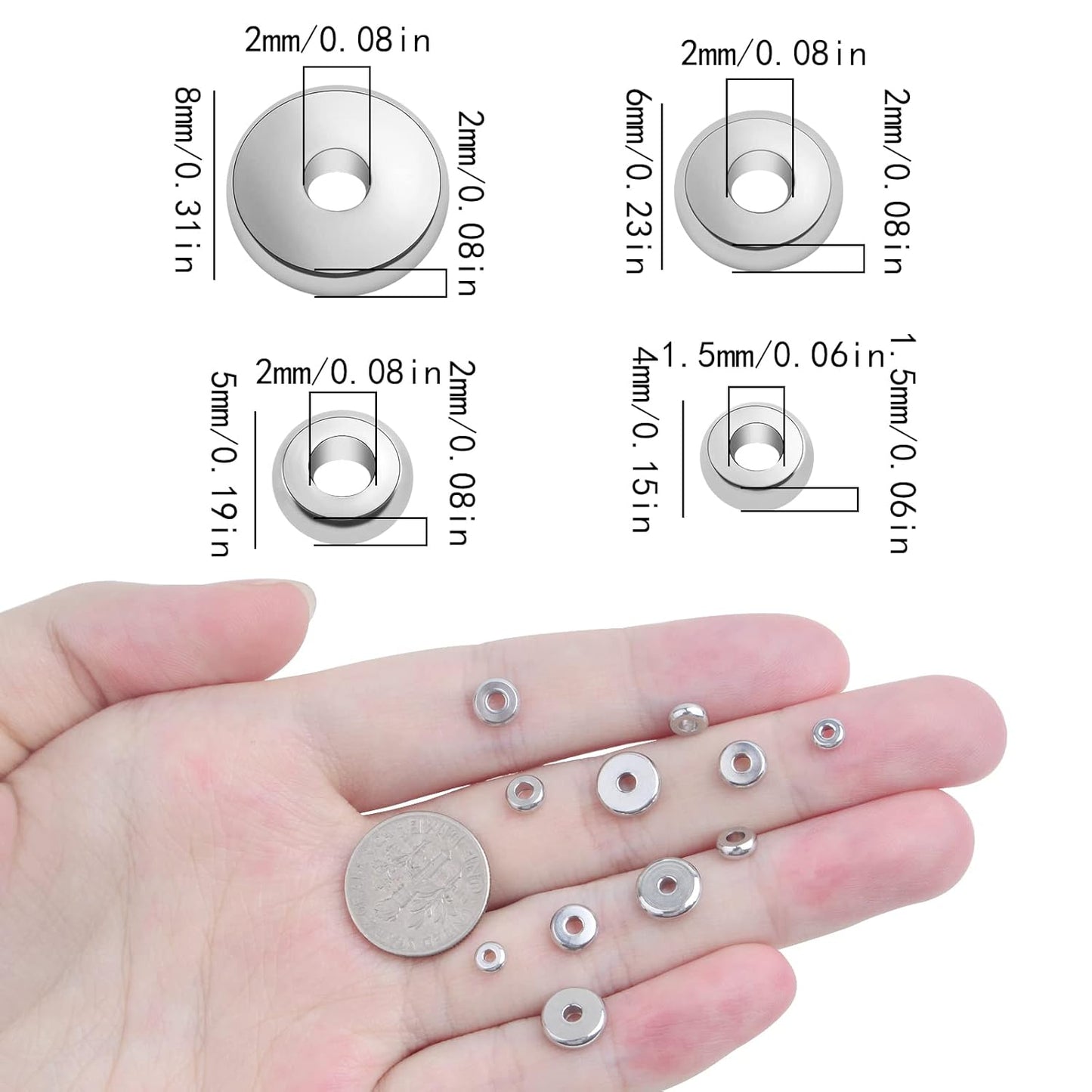 80pcs 4 Sizes Stainless Steel Flat Round Spacer Beads Hypoallergenic Tiny Rondelle Disc Loose Beads Craft Supplies for DIY Bracelet Necklace Earrings Jewelry Making