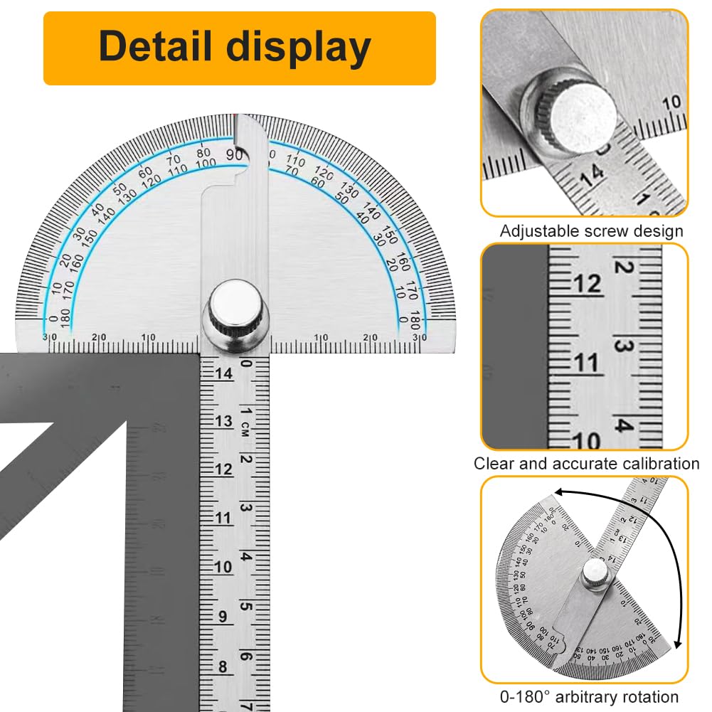 Aylifu Stainless Steel Protractor 0-180 Degrees, Woodworking Ruler Angle Finder, Metal Adjustable General Angle Measuring Tool(Size:0-180 Degrees), as picture show