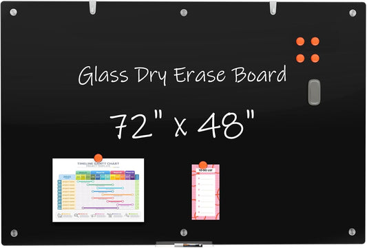 HENDEVL Large Black Glass Dry Erase Board, 72 x 48 Inches Magnetic Glass whiteboard,6' x 4' Frameless Blackboard for Office,Home,School