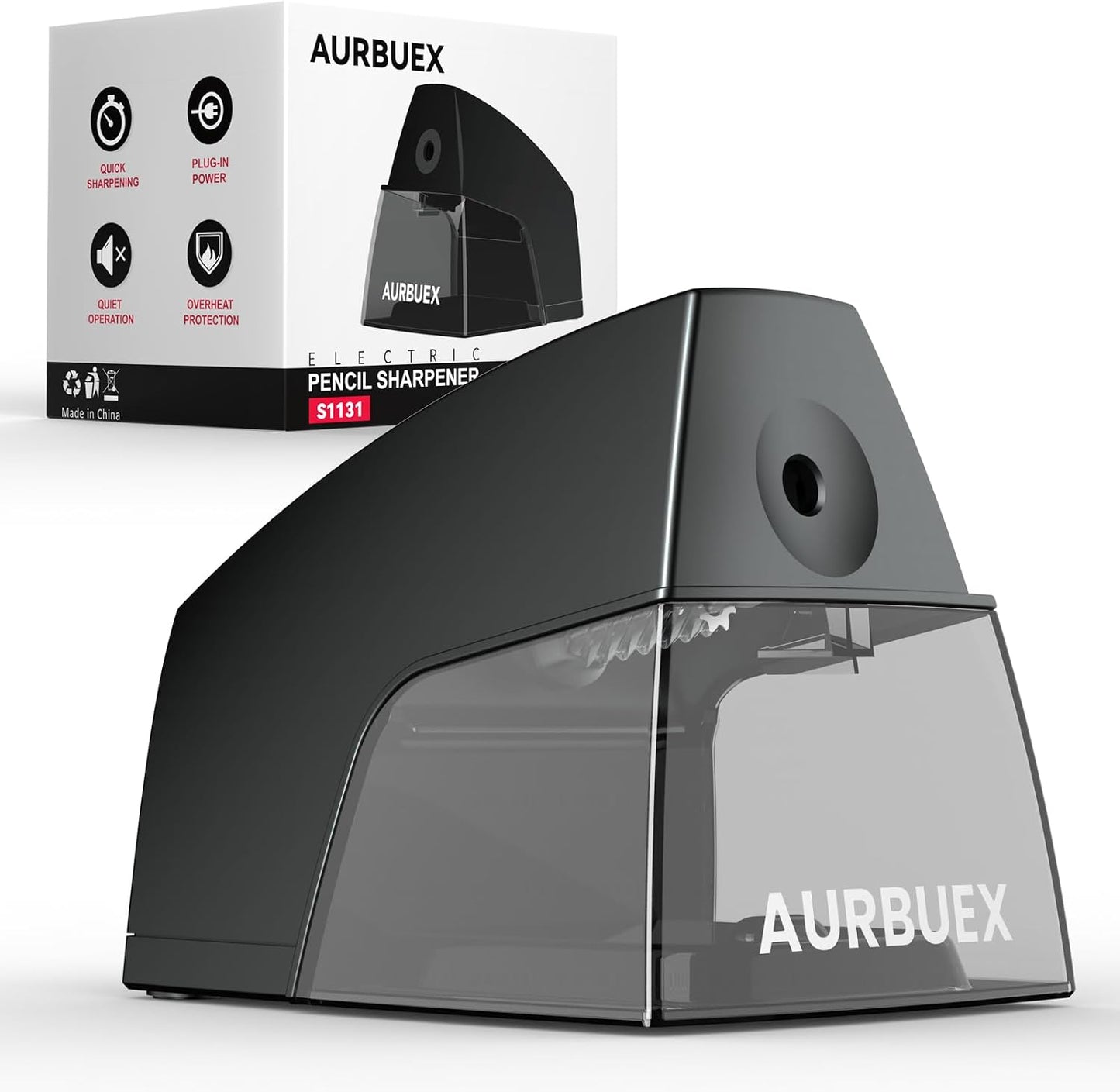 Aylifu Electric Pencil Sharpener for 6 to 8 mm Pencils Helical Blade Fast 4 Second Sharpening Large Shavings Bin Non Slip Feet Safe Design for Classroom Office and Home(S1131)