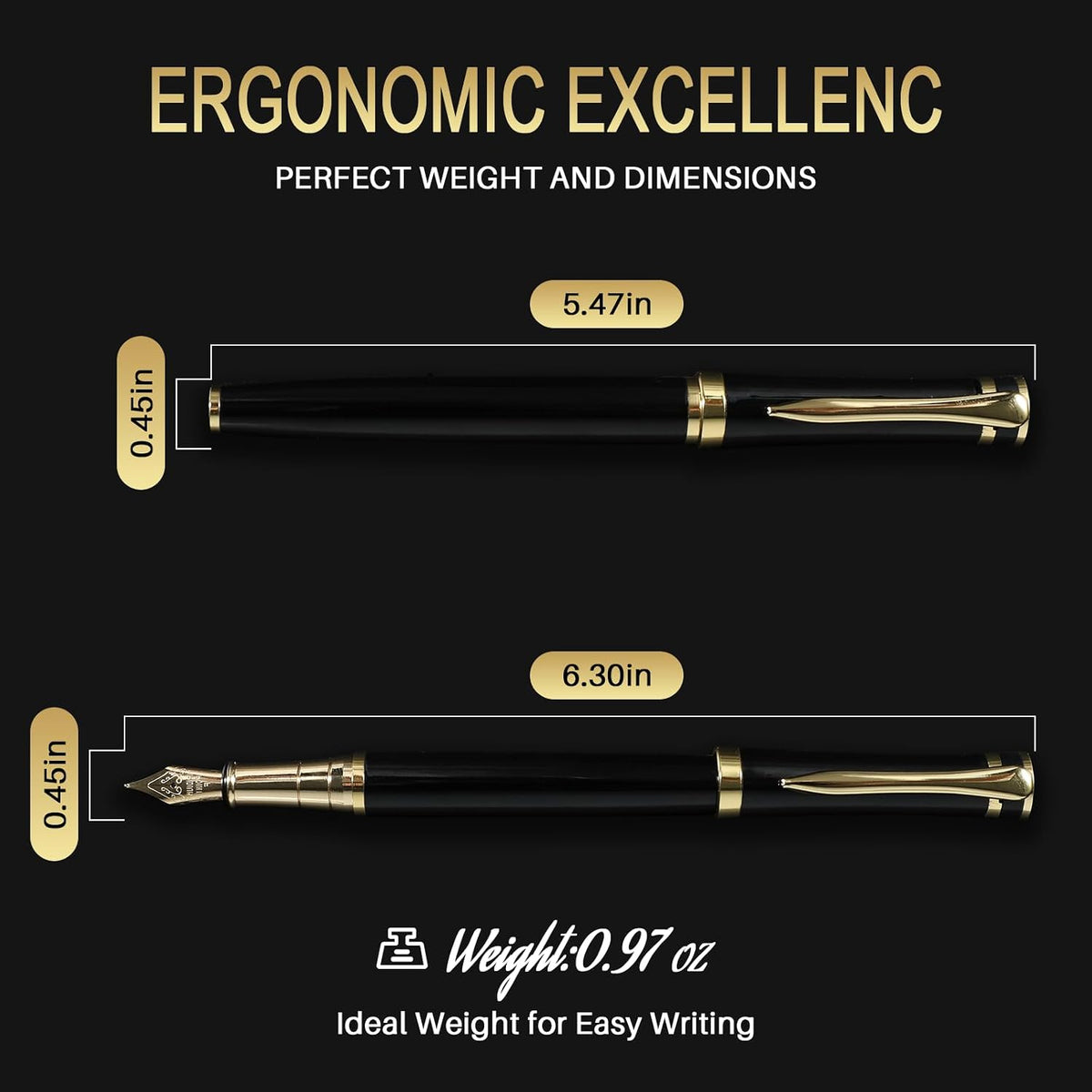 HENDEVL  Fountain Pen with Medium Nib | Luxury Black Finish, Smooth Ink Flow, Complete Set with Ink Cartridges, Converter & Sleeve | Ideal for Professionals, Office, Journaling, and Gifts