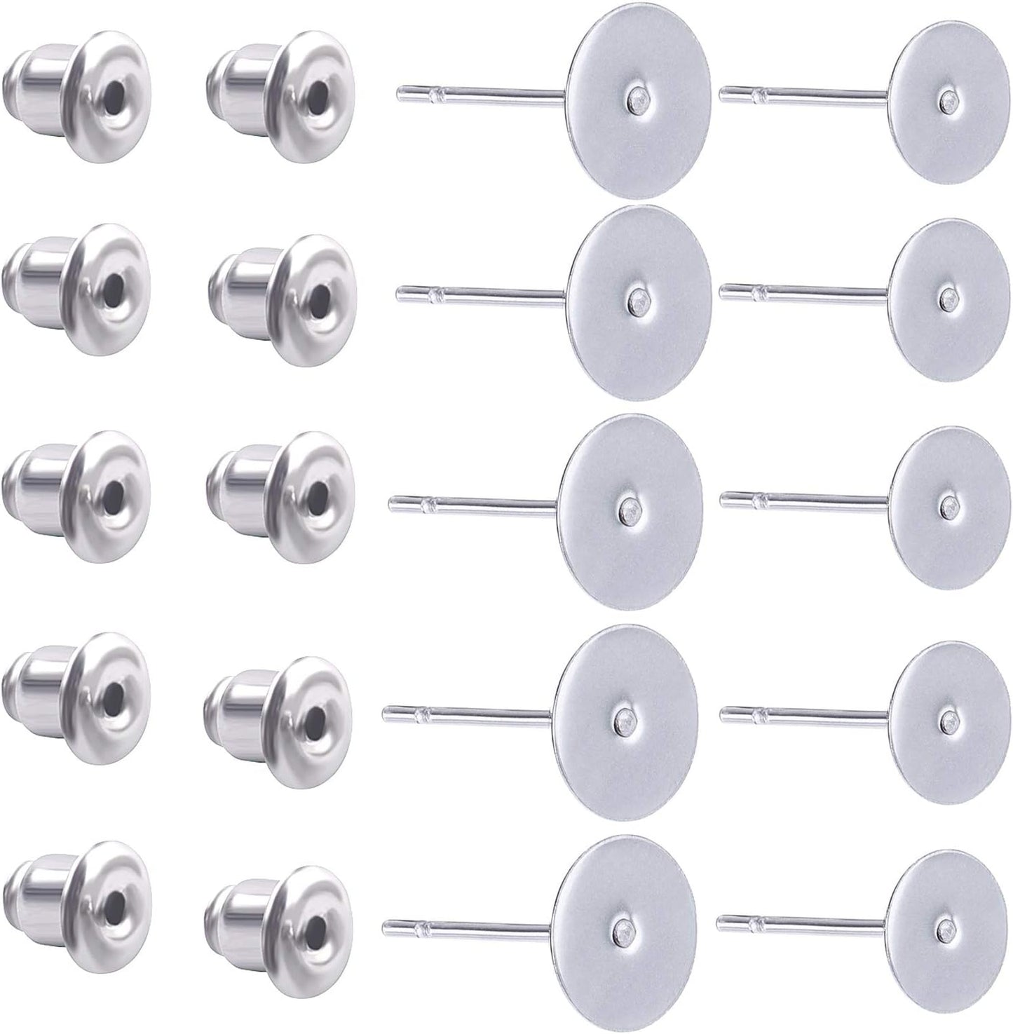 100 Pieces Stainless Steel Earrings Posts Flat Blank Earring Pin Studs (2 Size) with 100 Pieces Bullet Clutch Earring Backs for Earring Making Findings, Total 200 Pieces
