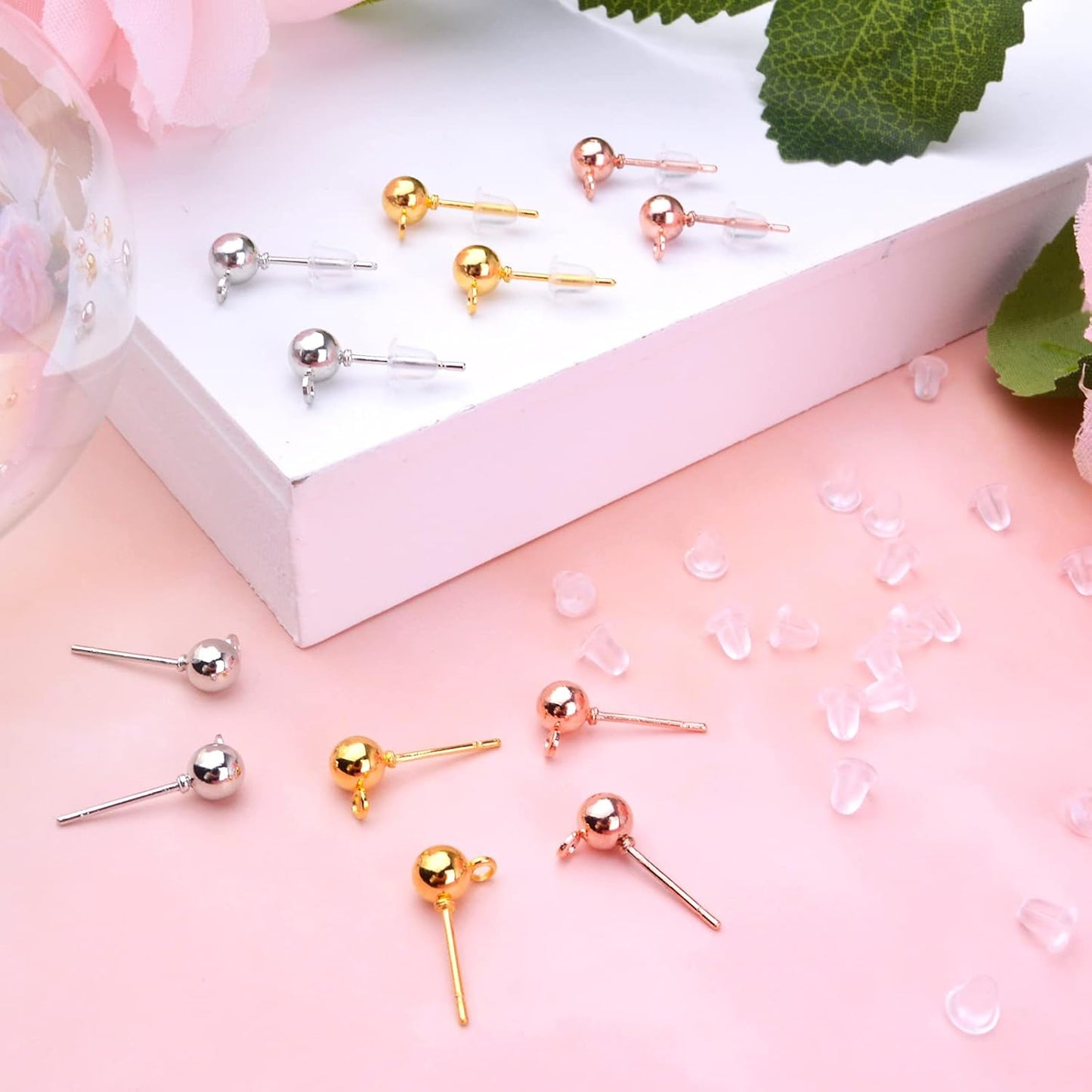 300pcs 3 Colors Ball Post Earring Studs Hypoallergenic Alloy Ear Pins Earring Posts with Loop and 300pcs Silicone Clear Bullet Earring Backs for DIY Crafts Jewelry Making