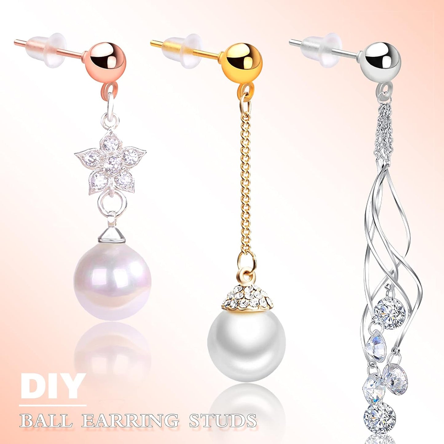 300pcs 3 Colors Ball Post Earring Studs Hypoallergenic Alloy Ear Pins Earring Posts with Loop and 300pcs Silicone Clear Bullet Earring Backs for DIY Crafts Jewelry Making