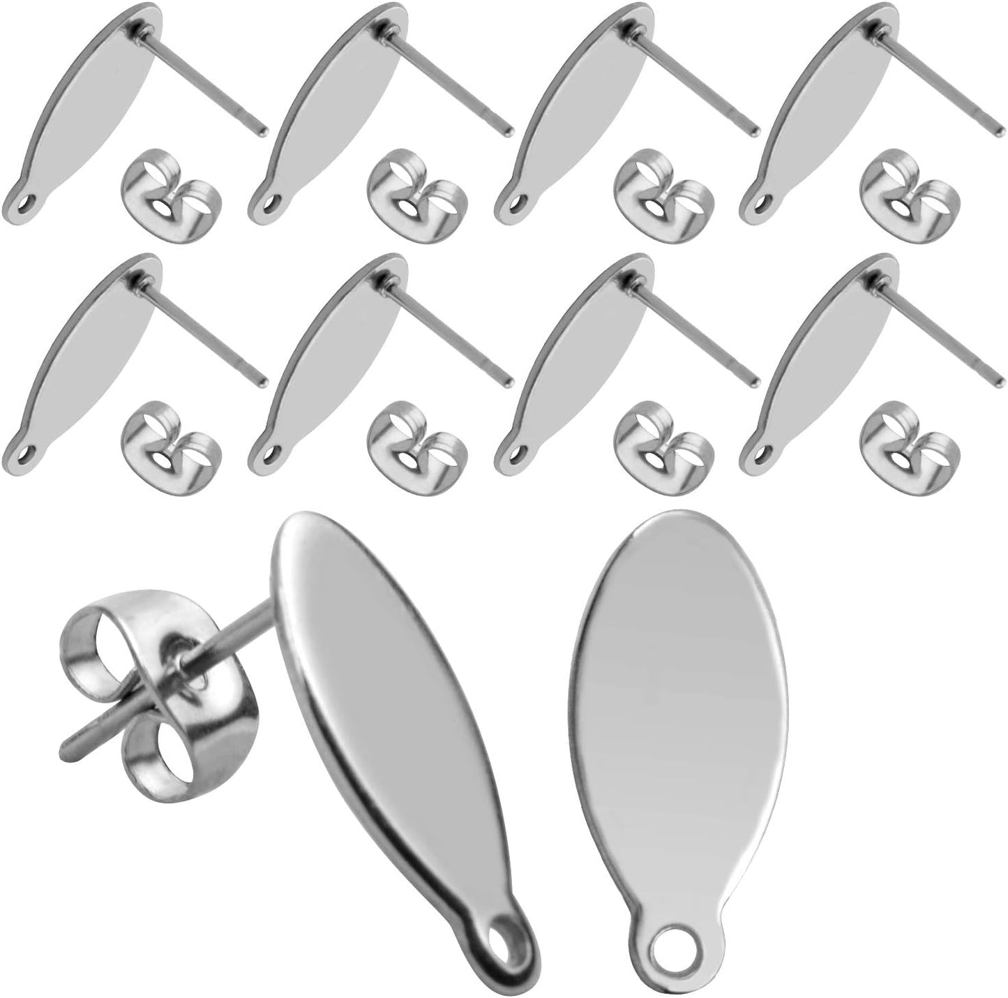 Stud Earring Findings - 20pcs Stainless Steel Oval Studs Blank Post with Loop and 20pcs Butterfly Backs for Making