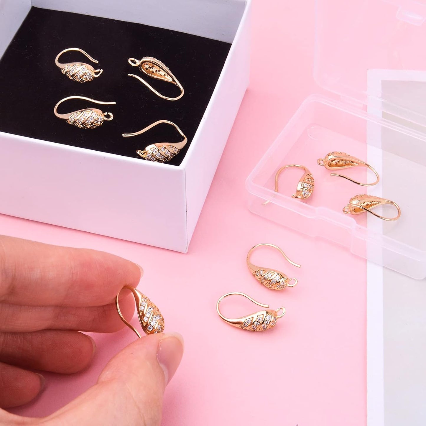 10pcs 14K Gold Cubic Zirconia Earring Hooks Brass French Fish Hooks Ear Wires with Loop Hole Dangle Earrings Connectors with a Plastic Box for Women DIY Jewelry Making