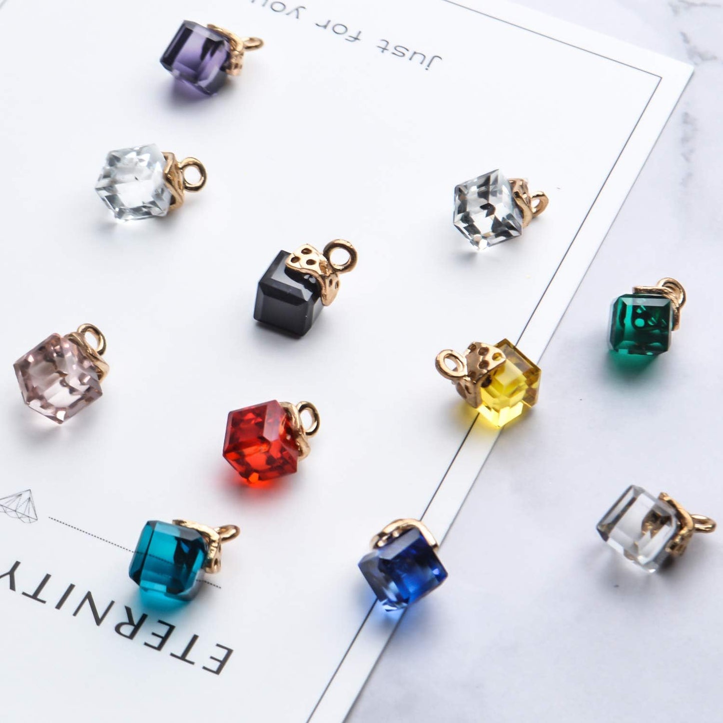 24 Pcs Cube Crystal Charms Bulk Rhinestone Pendants, 12 Colors for DIY Jewelry Making Supplies