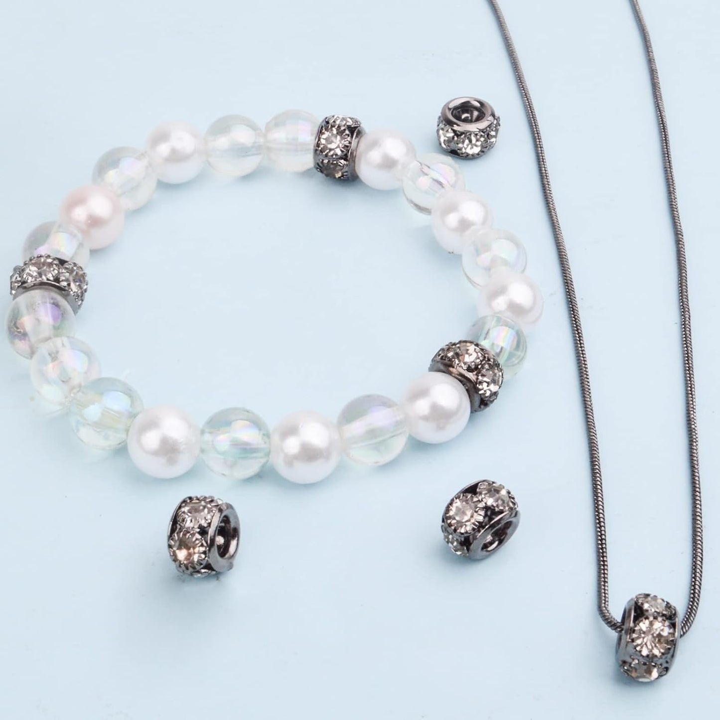 40pcs Large Hole Rhinestone Spacer Beads European Rondelle Loose Beads Accessories for DIY Bracelet Snake Chain Charm Jewelry Making Decor, Hole: 3.9 mm, Gun Black