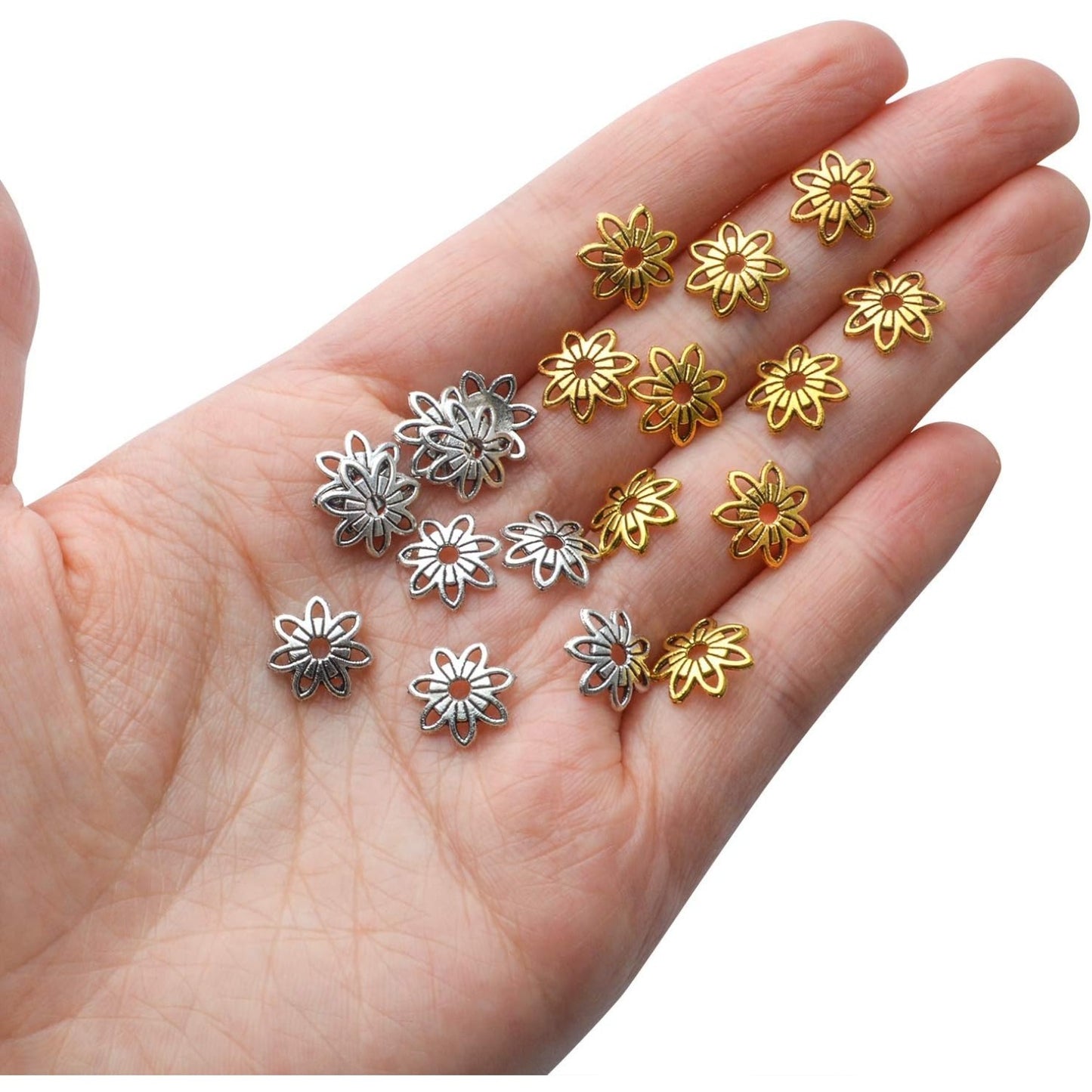 200pcs 10mm Filigree Flower Bead Caps, Alloy, Antique Gold & Silver, DIY Bracelet Earring Jewelry Making