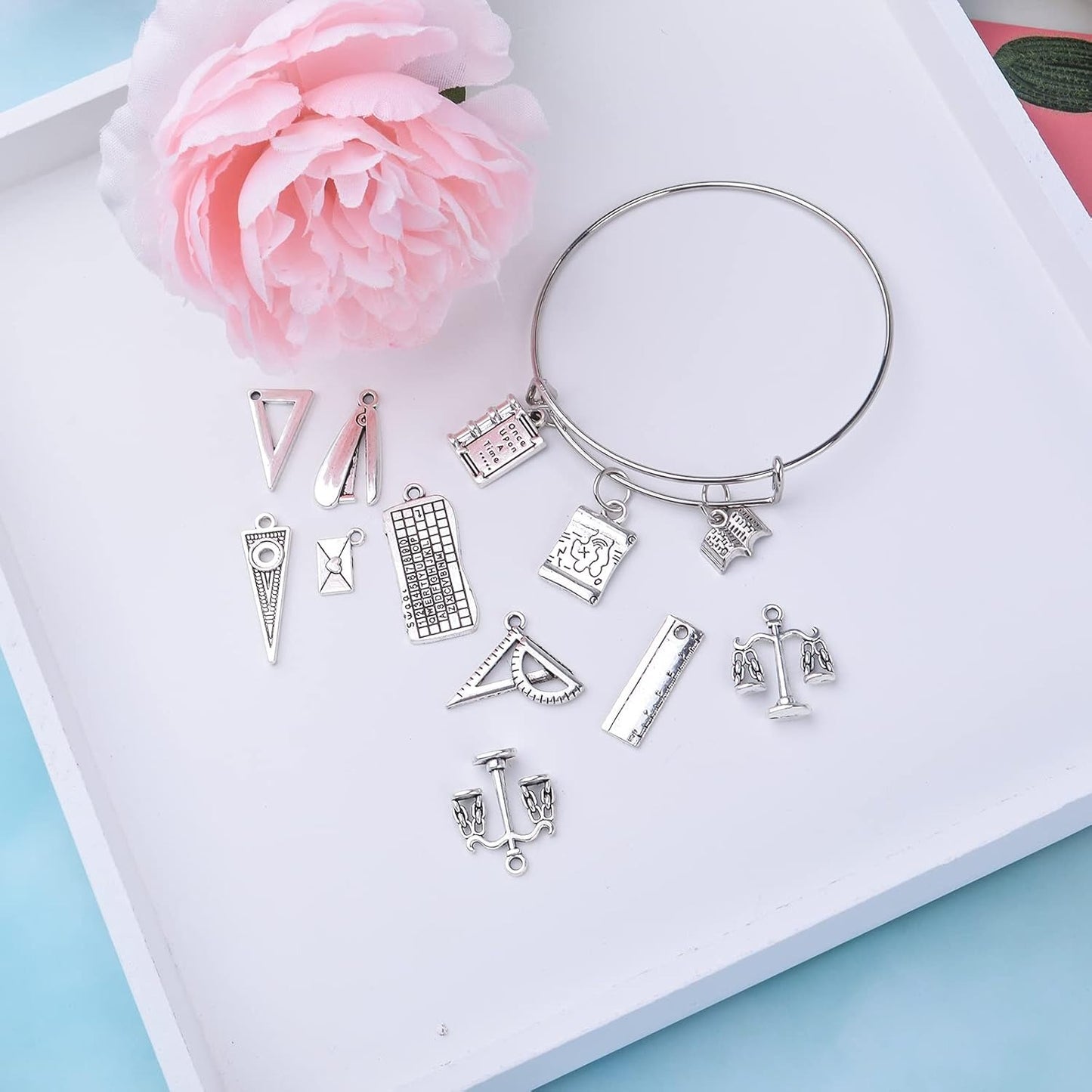 56pcs Mixed Styles School Theme Charms Tibetan Alloy Teacher Pendants Ruler Pen Books Calculator Compass Charms for DIY Bracelet Necklace Crafts Jewelry Making, Antique Silver