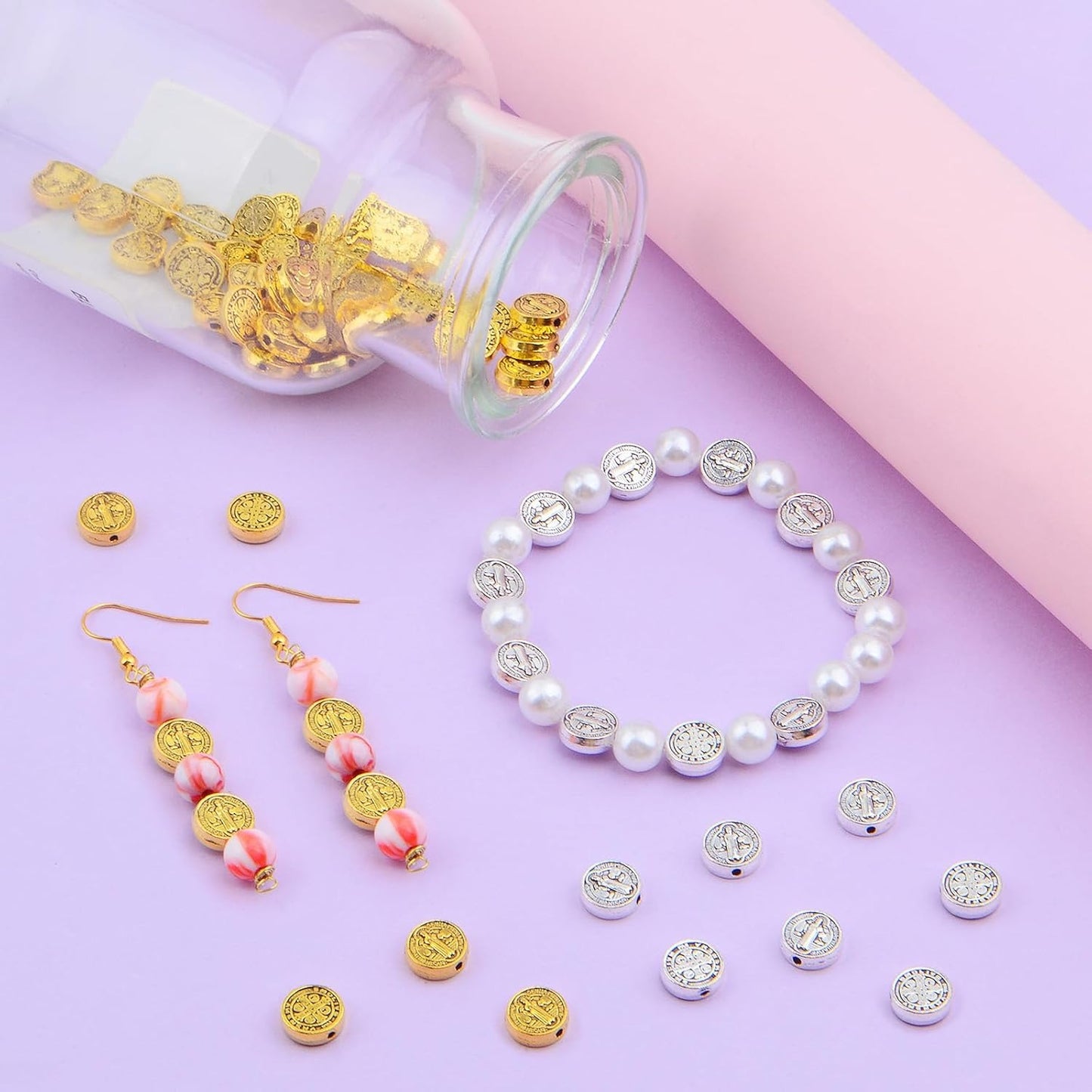 100pcs 9.5 mm Round Double-Sided Jesus Cross Spacer Beads Catholic Saint Benedict Beads Religious Loose Beads for DIY Rosary Bracelet Necklace Jewelry Making, 2 Colors