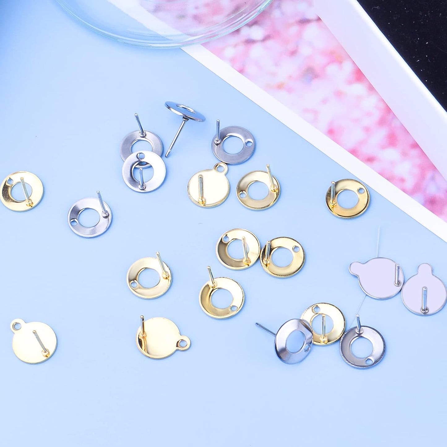 40pcs Stainless Steel Stud Earrings Round Rondelle Blank Earring Post Pins with Loop Hole and 40pcs Butterfly Earring Backs for DIY Jewelry Making Findings, Gold, Steel