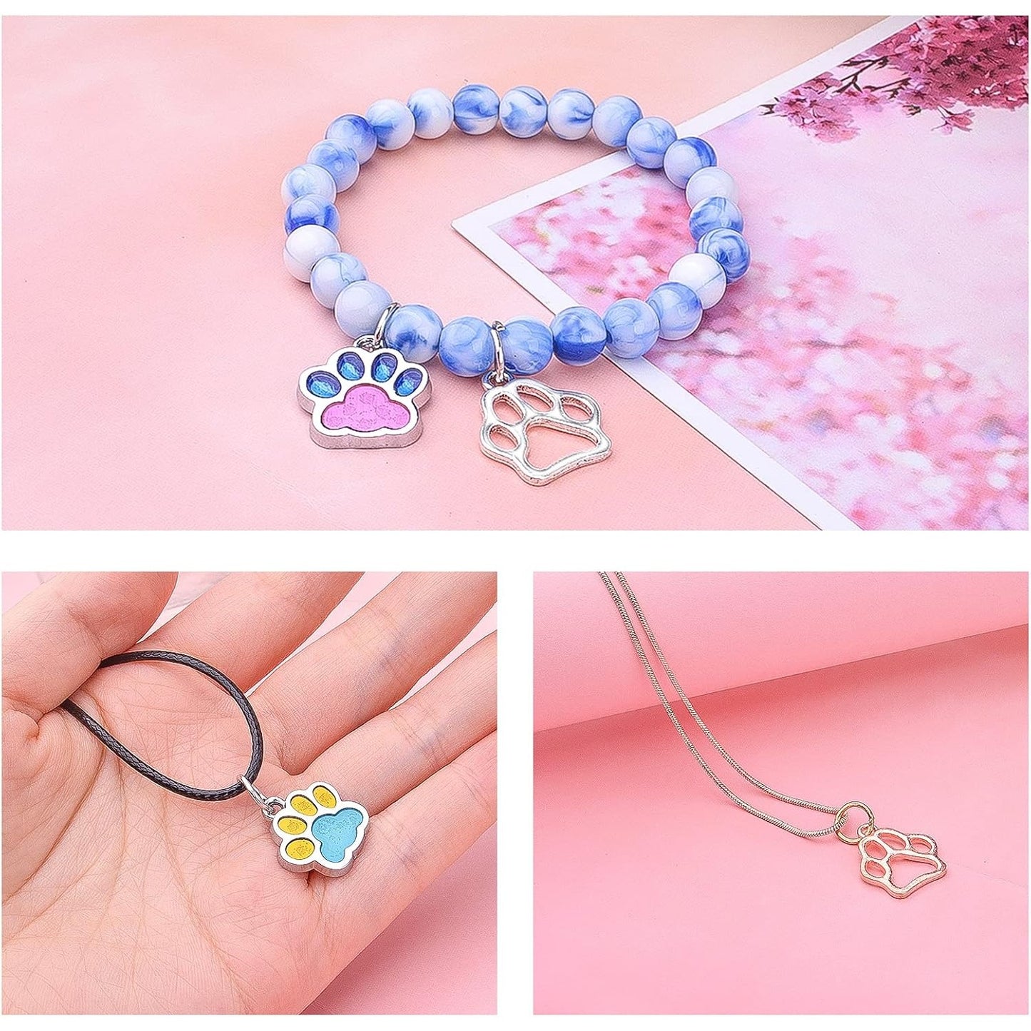 66pcs Animal Cat Dog Paw Charms Enamel Paw Footprint Pendants Cute Hollow Paw Bead Charms Jewelry Making Supplies for DIY Necklace Bracelet Earrings Handmade Decoration
