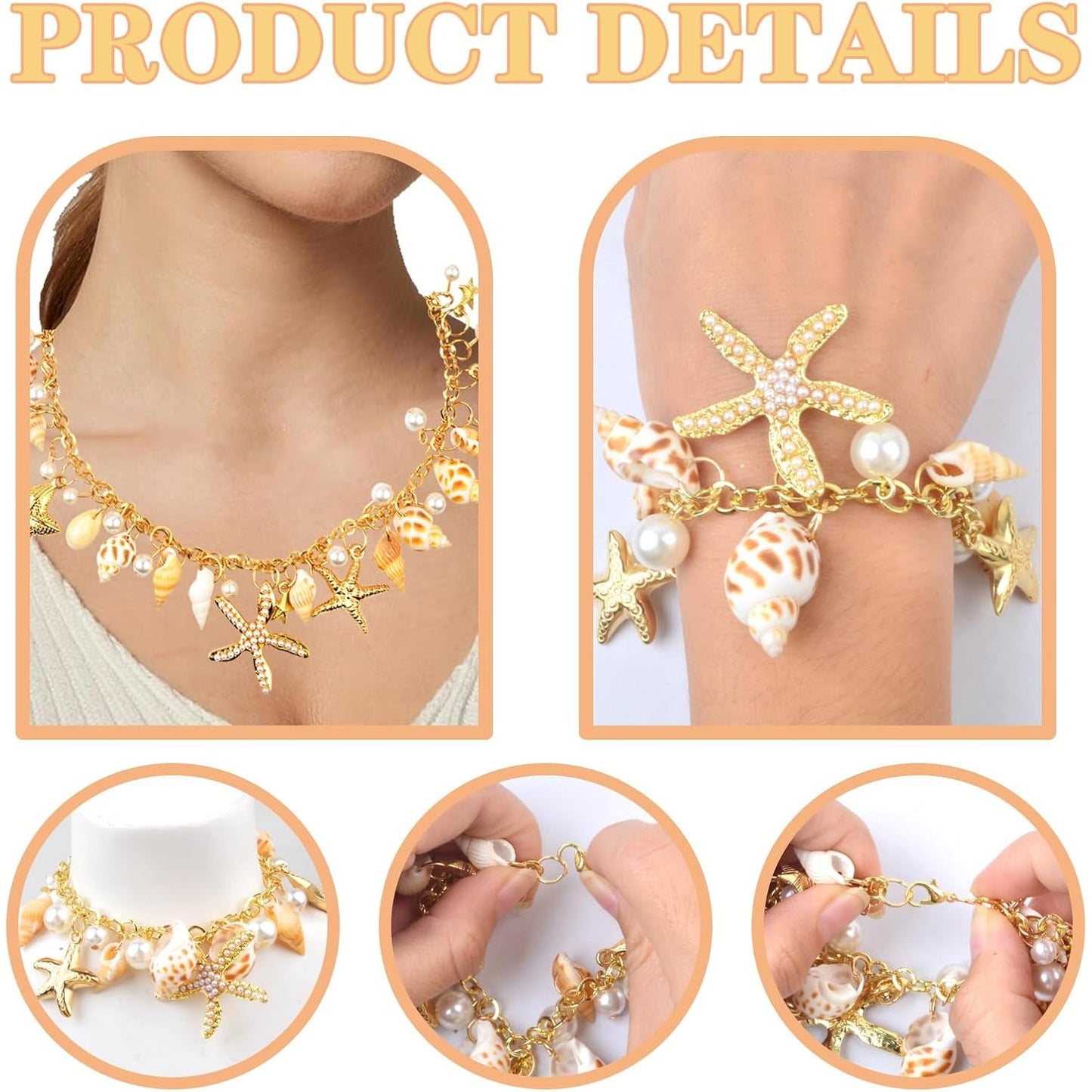 Shell Starfish Necklace Bracelet Faux Pearls Conch Statement Adjustable Chunky Necklace Mermaid Tail Bracelet Jewelry Set Costume Accessories for Women Beach-themed Party Cosplay