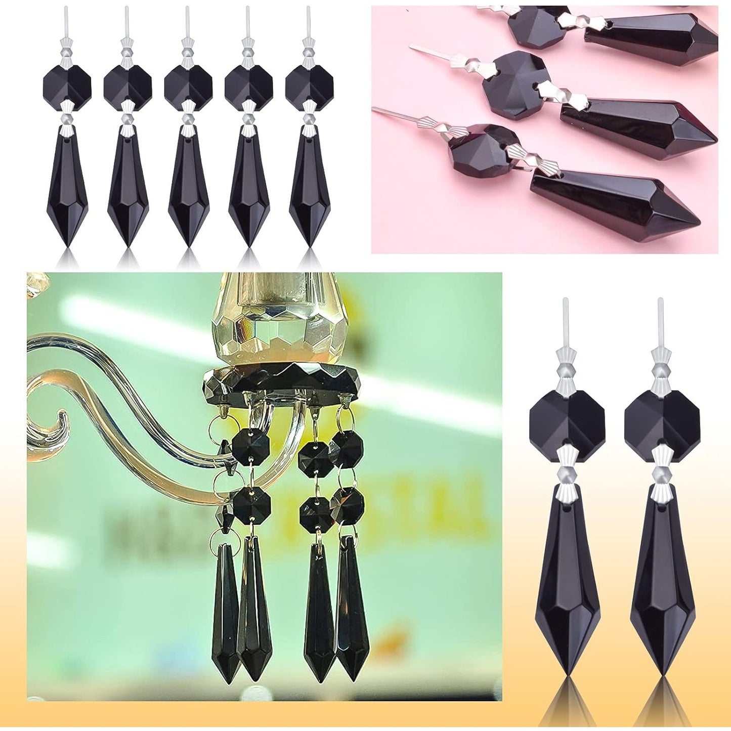 20pcs Crystals Prisms Glass Tip Beads Black Chandelier Icicle Drops Hanging Crystal Replacements Pendants for DIY Craft Jewelry Ornament Wedding Christmas Lamp Decoration, 35 mm