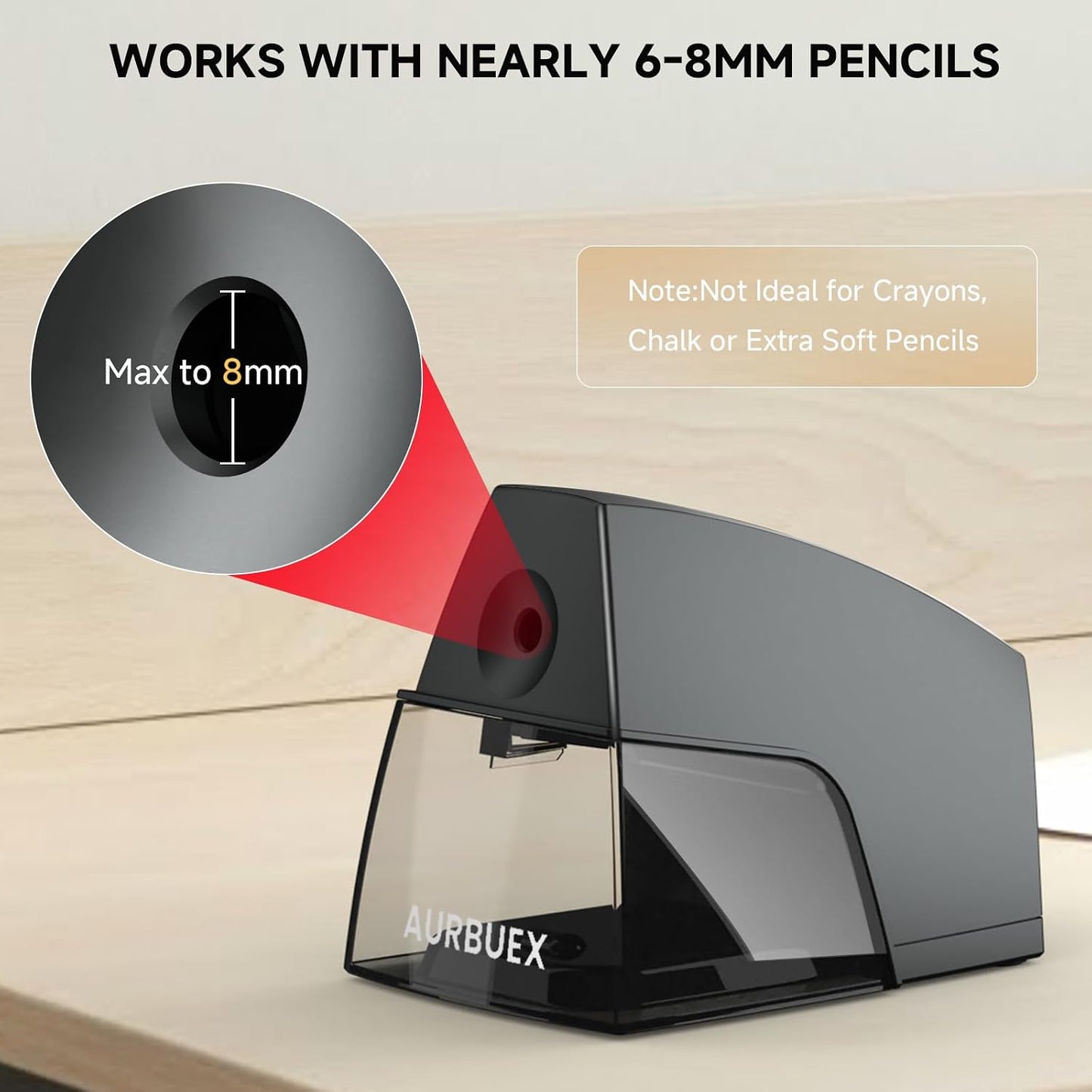 Aylifu Electric Pencil Sharpener for 6 to 8 mm Pencils Helical Blade Fast 4 Second Sharpening Large Shavings Bin Non Slip Feet Safe Design for Classroom Office and Home(S1131)