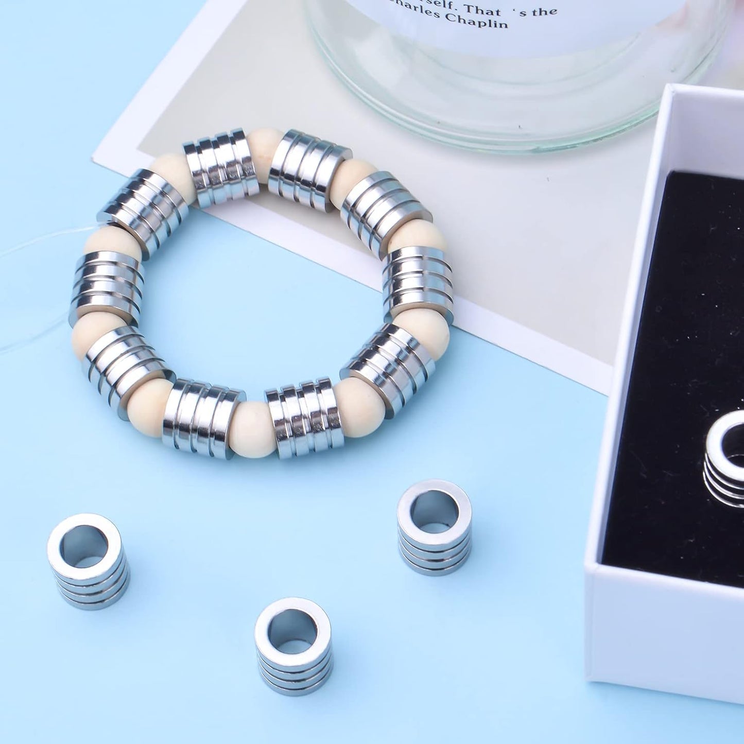 20pcs Stainless Steel Spacer Beads Grooved Column Beads Tube Spacers with 6.4mm Large Hole for DIY European Bracelet Necklace Jewelry Making Accessories