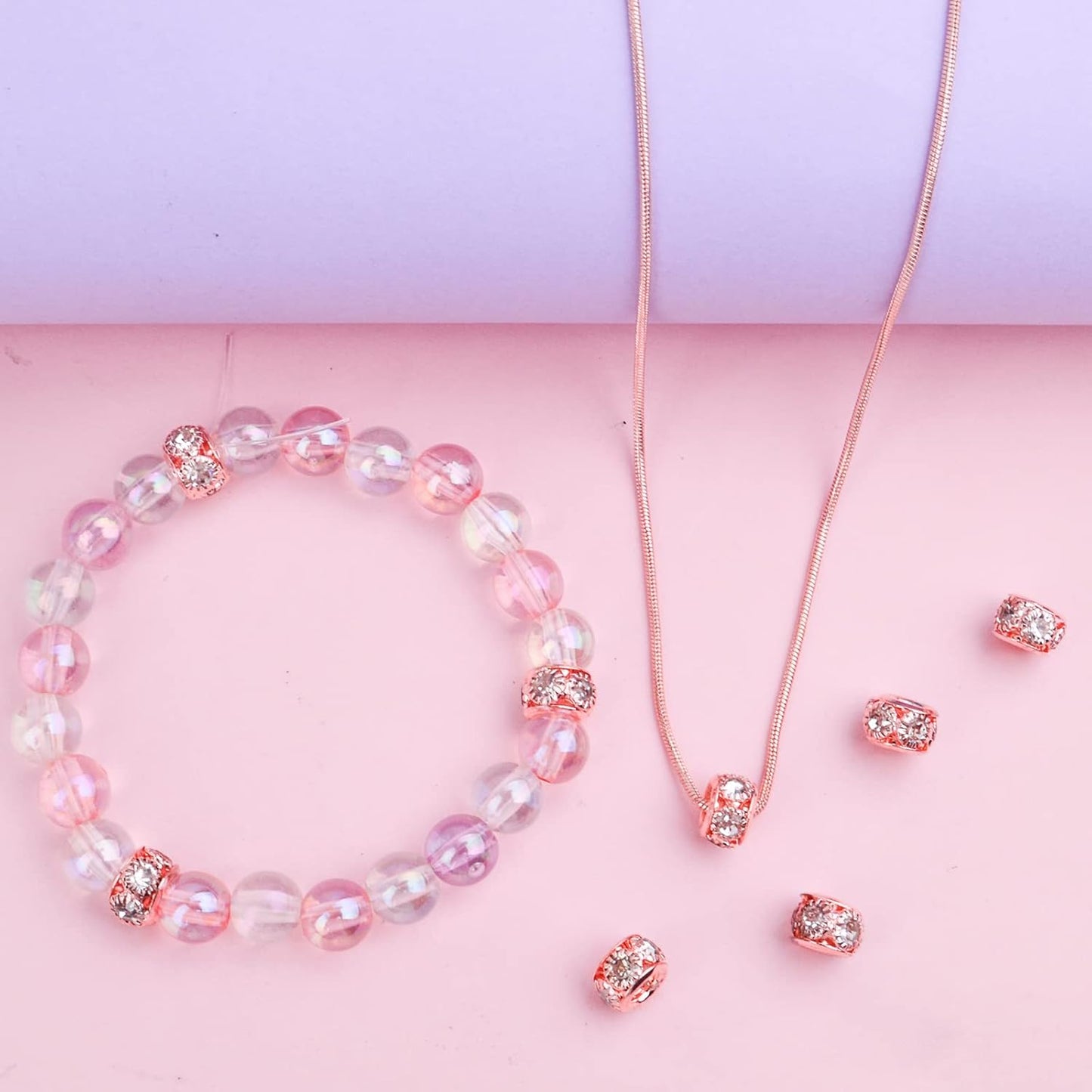 40pcs Rose Golden Crystal Rhinestone Spacer Beads European Large Hole Rondelle Beads for DIY Bracelet Snake Chain Jewelry Making Handmade Decor, Hole: 3.9 mm