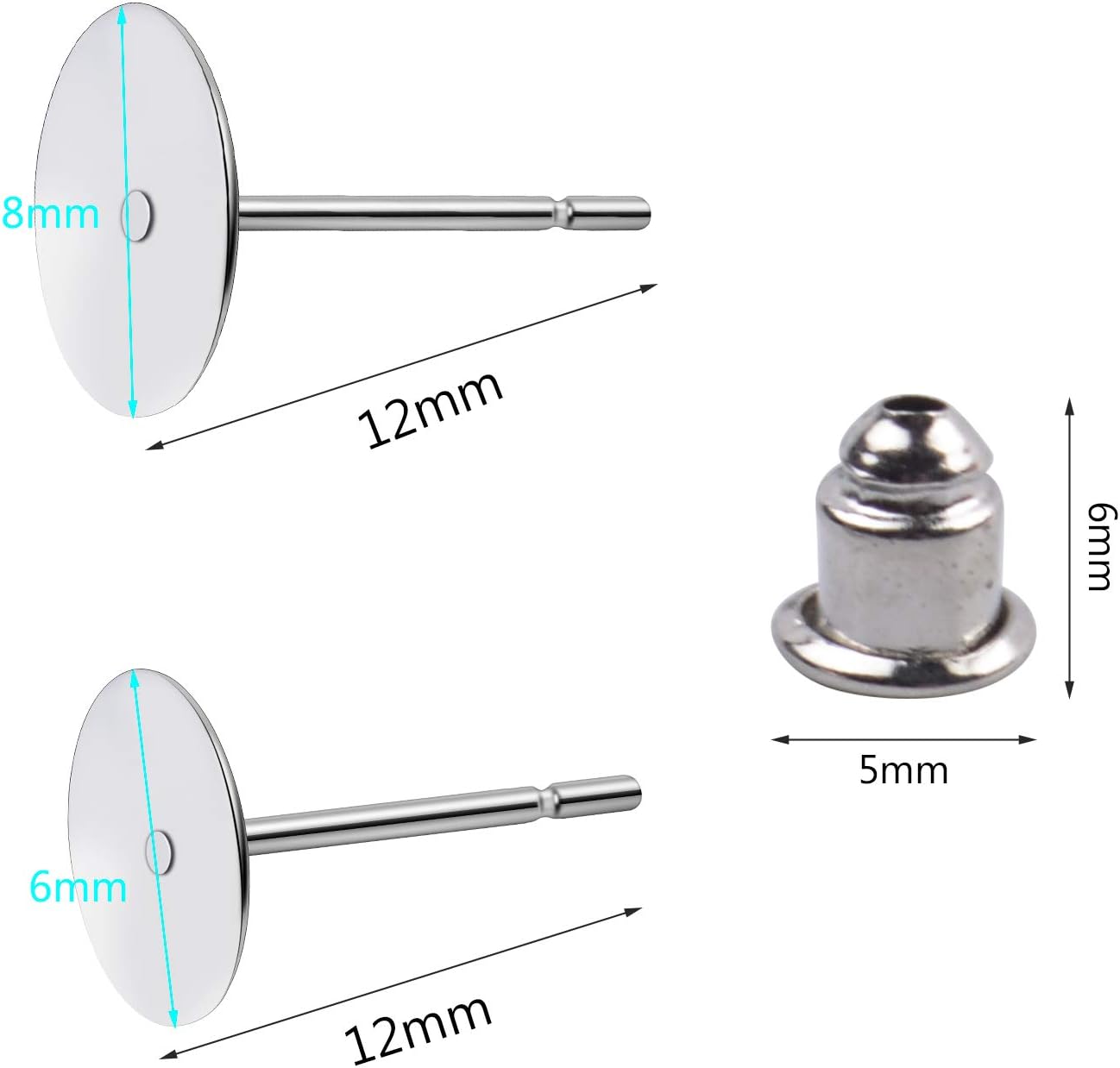 100 Pieces Stainless Steel Earrings Posts Flat Blank Earring Pin Studs (2 Size) with 100 Pieces Bullet Clutch Earring Backs for Earring Making Findings, Total 200 Pieces