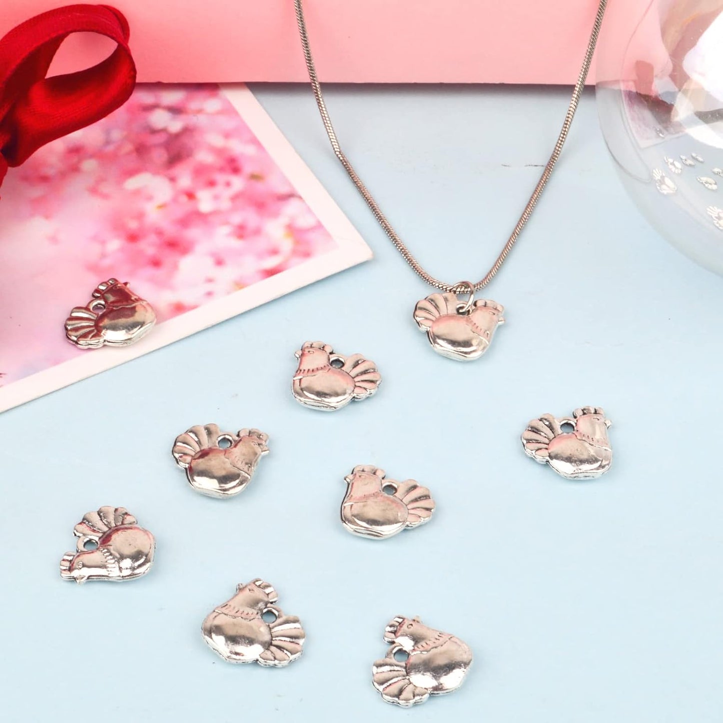 50pcs Antique Silver Chicken Rooster Charms Tibetan Alloy Easter Chicken Animal Pendants Charms Jewelry Making Accessory for DIY Bracelets Necklaces, 13.2 mm x 12 mm