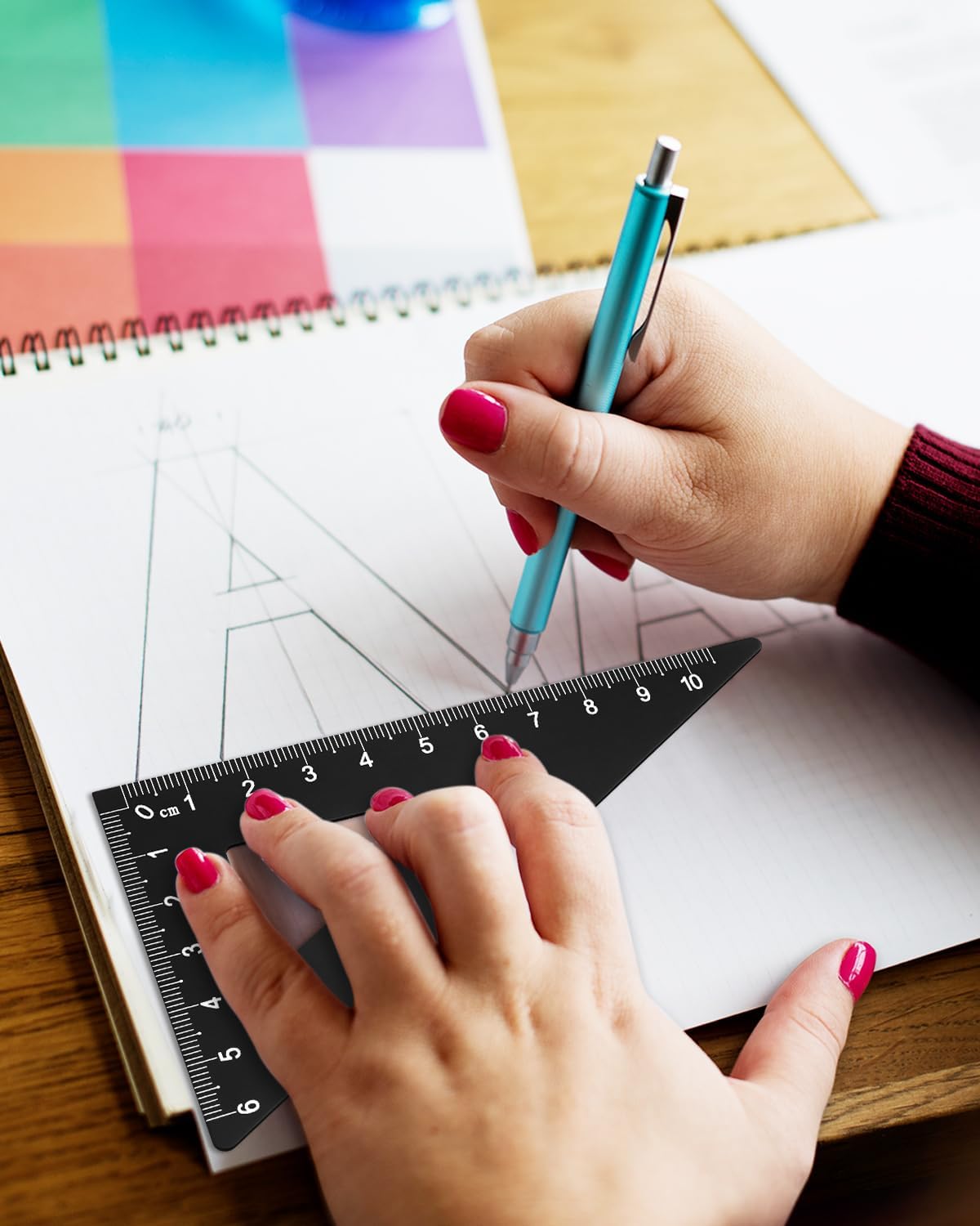 HENDEVL Triangular Ruler Set, 4 Pieces Aluminum Alloy Ruler, Metal Drafting Ruler, Geometric Protractor for Students, Draftsmen, Engineers, School Office Supplies (Black)