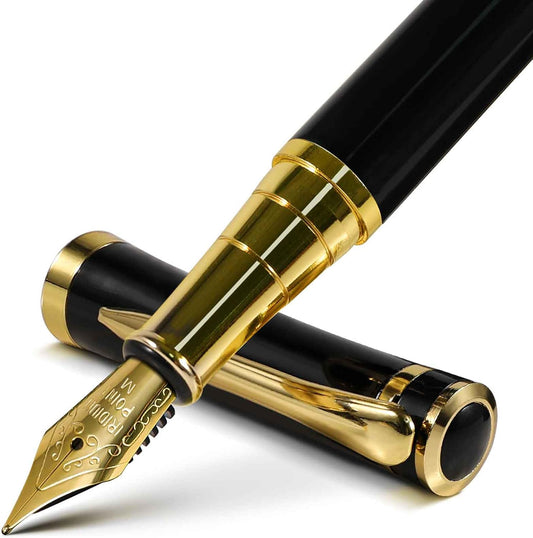 HENDEVL  Fountain Pen with Medium Nib | Luxury Black Finish, Smooth Ink Flow, Complete Set with Ink Cartridges, Converter & Sleeve | Ideal for Professionals, Office, Journaling, and Gifts