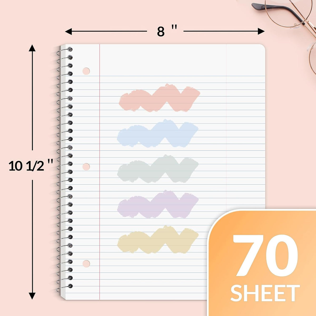 HENDEVL Spiral Notebooks, 1-Subject, 5 Pack, College Ruled Paper, 8" x 10-1/2", 70 Sheets per Notebook,3-Hole Punched Paper, Pink,Purple, Blue, Green, Yellow Spiral Lined Notebooks for School,Work