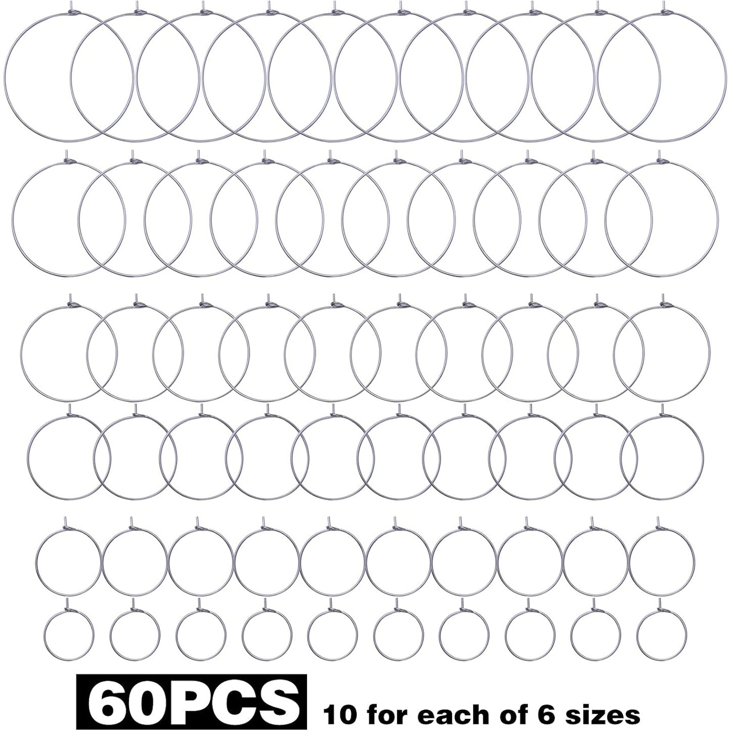 60pcs 6 Sizes Wine Glass Charms Rings Stainless Steel Beading Hoop Rings Ear Wines Open Earring Hoops for DIY Jewelry Craft Making Party Festival Favors