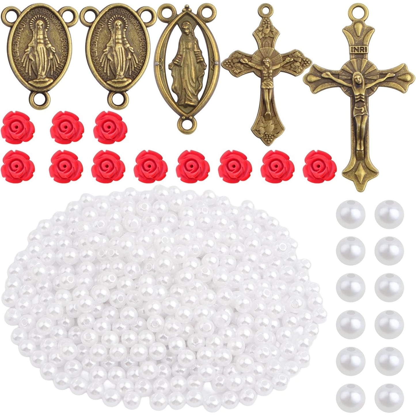 10pcs Antique Golden Jesus Cross Charms, 10pcs Virgin Mary Pendant Links, 30pcs Cinnabar Red Rose Beads and 500pcs White Pearls Kit for DIY Rosary Necklace Crafts Jewelry Making