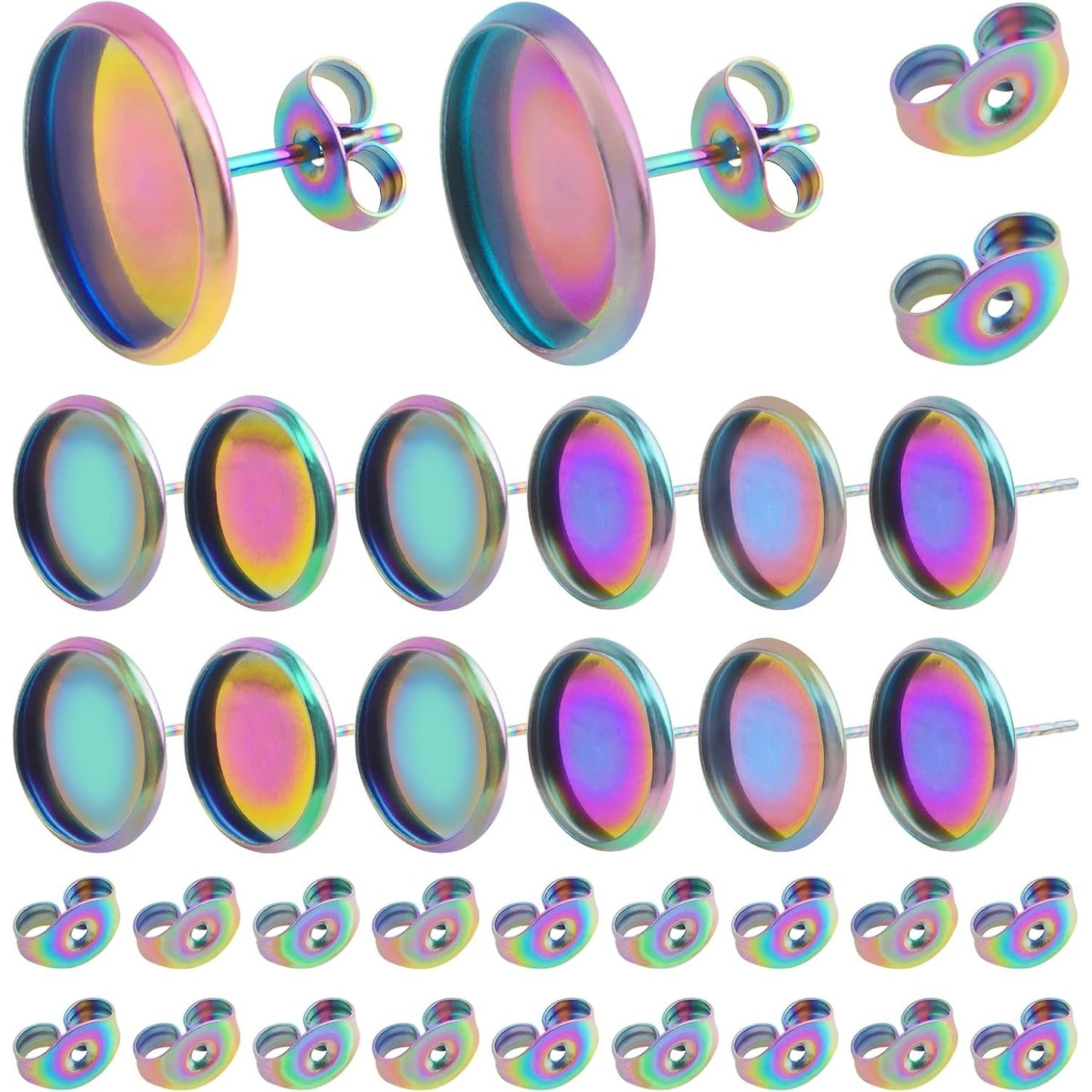 50pcs Stainless Steel Stud Earring Cabochon Settings Flat Round Blank Bezel Earring Post Cup fit for 12 mm Cabochon with 50pcs Butterfly Earring Backs for DIY Jewelry Making, Rainbow Color