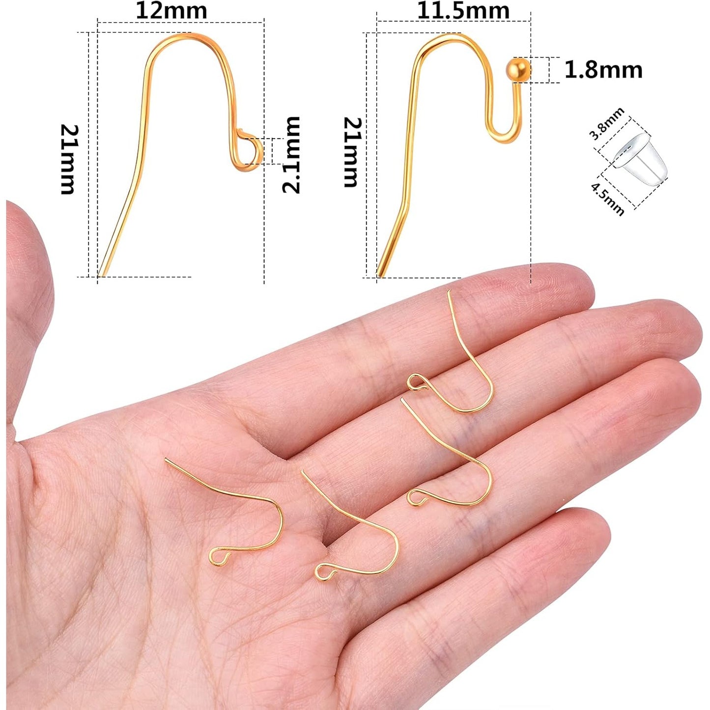 200pcs Gold Hypo-allergenic French Earring Hooks Ear Wire Ball Dots Fish Hooks Dangle Earring Findings and 200pcs Clear Rubber Earring Safety Backs, 2 Styles
