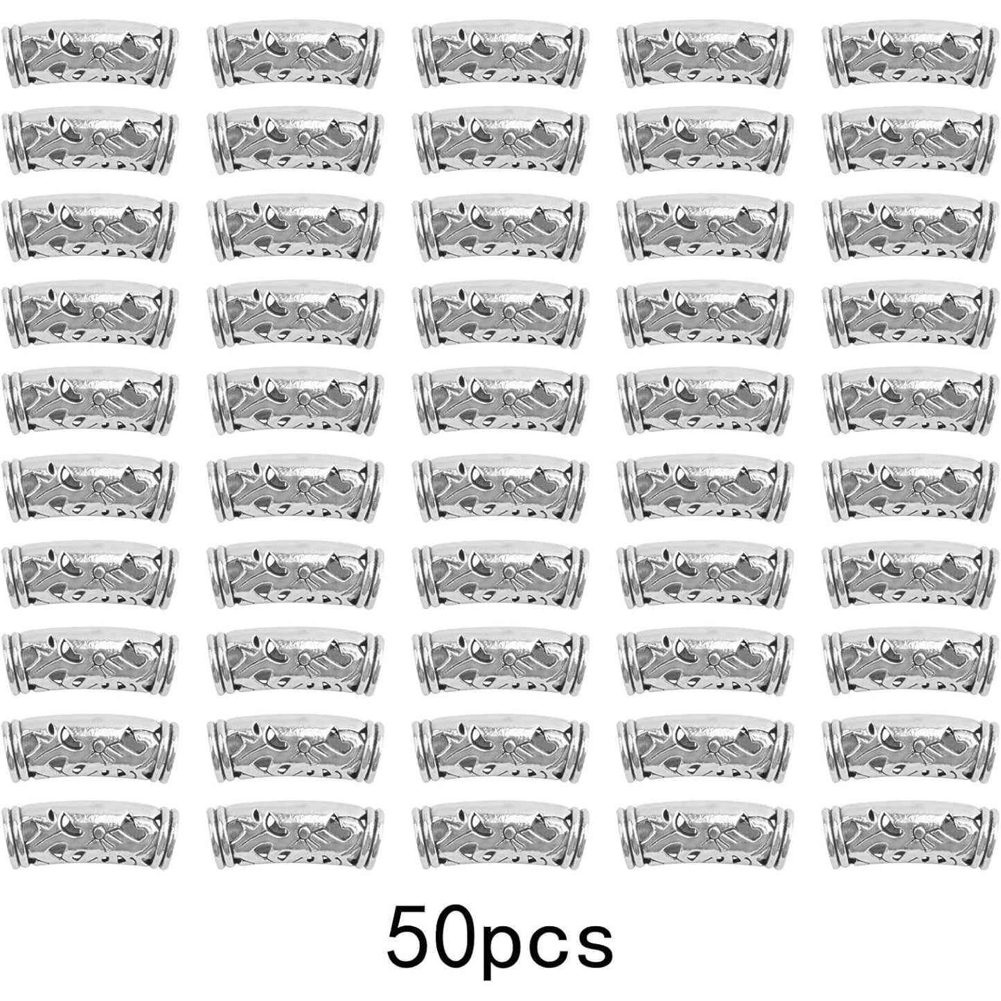 50pcs Antique Silver Hollow Curved Tube Spacer Beads Tibetan Alloy Large Hole Long Tube Loose Beads Slide for European Charms Leather Cord Jewelry Making, Hole: 5 mm