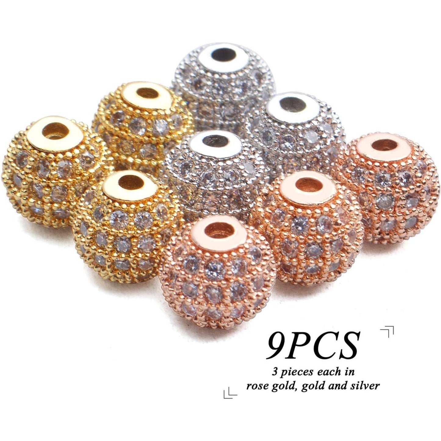 Cubic Zirconia Beads,9Pcs Micro Pave Disco Ball Beads Round Spacer Beads Bracelet Connector Charms Beads for Jewelry Making