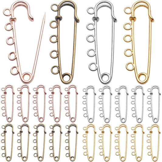 Heavy Duty Alloy Safety Pins - 20pcs Bulk Pack with 5 Loops - Gold, Silver, Antique Bronze, Rose Gold - 50x15mm