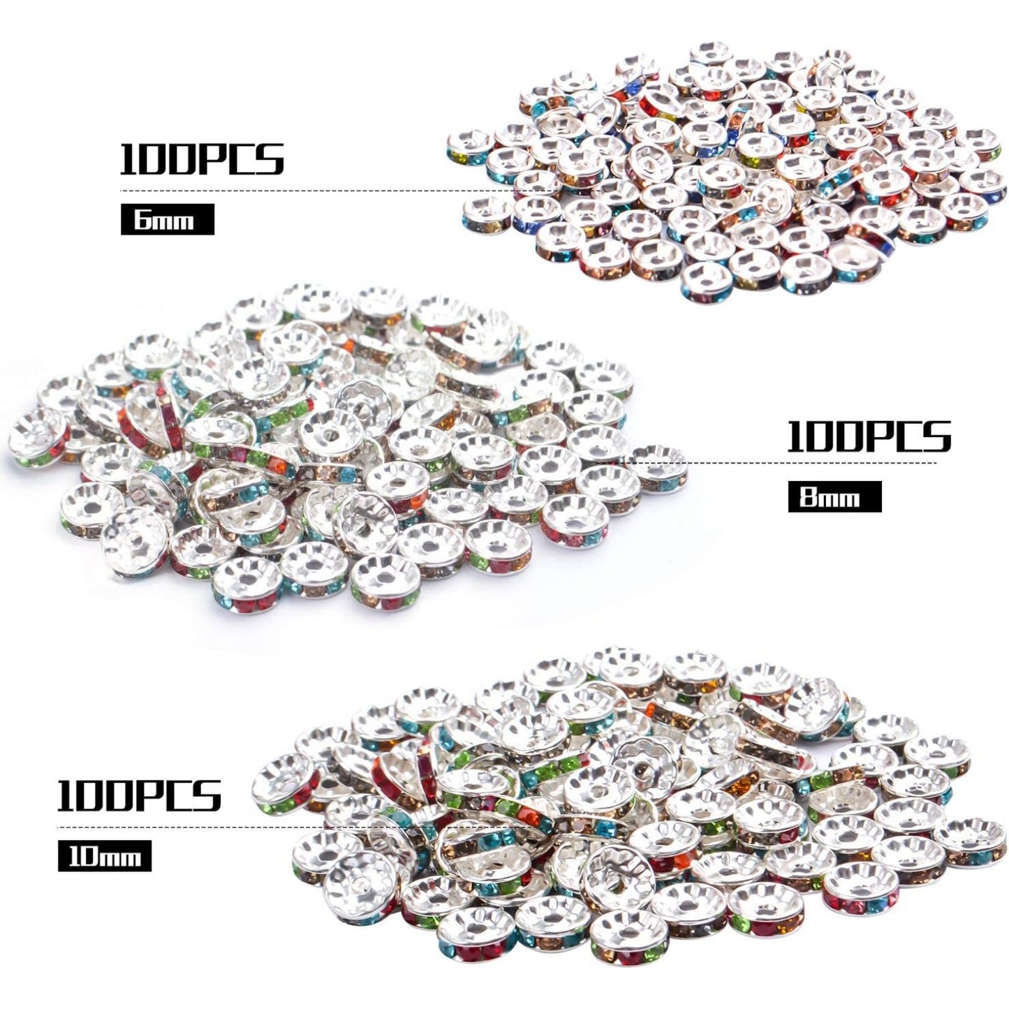 300pcs Multicolor Rhinestone Spacer Beads Mixed Crystal Rondelle Beads for Bracelets Necklaces Jewelry Making,6mm/8mm/10mm,Silver