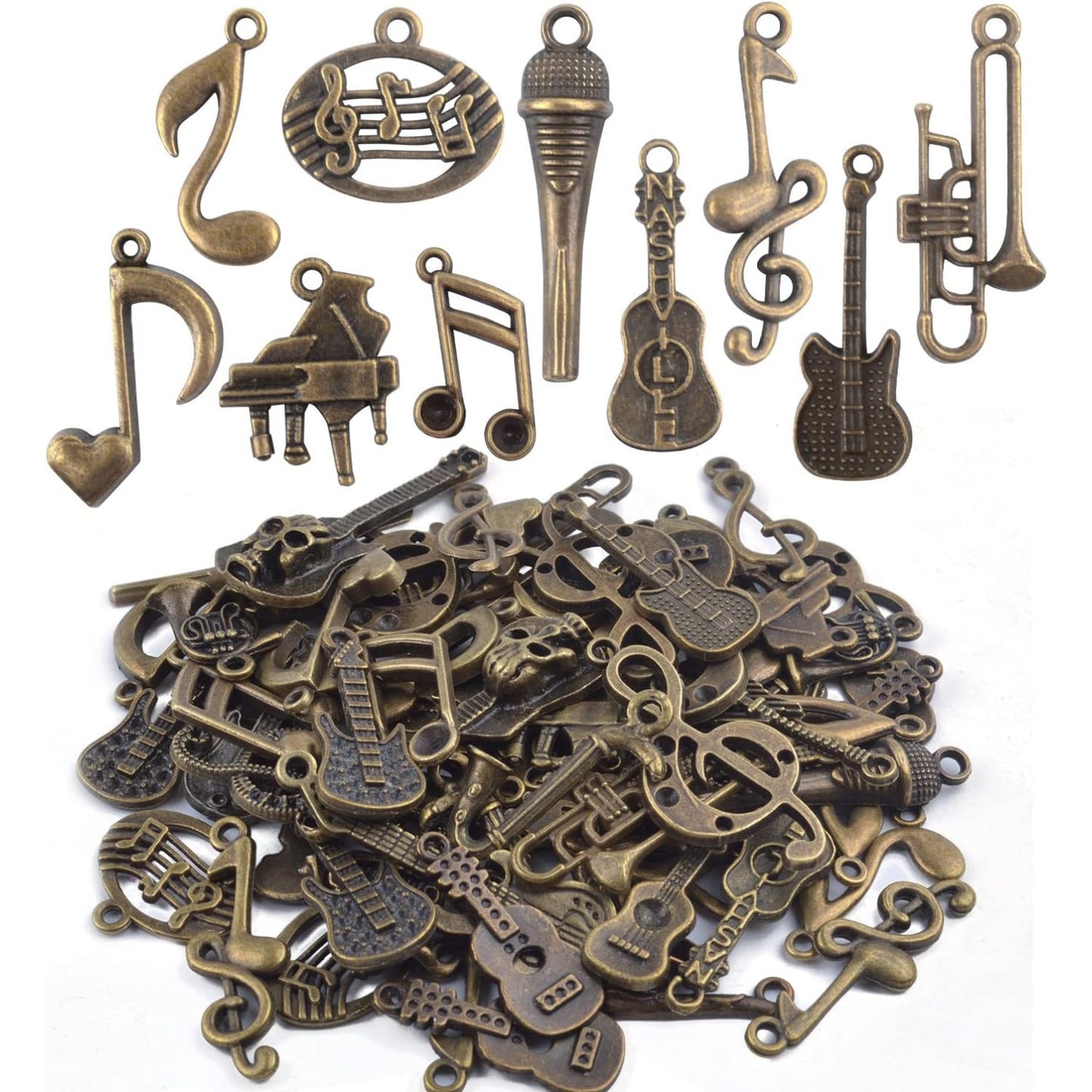 100 Gram Antique Bronze Mixed Music Charms Collection Vintage Alloy Musiccal Instrument Notes Dangle Pendants Craft Supplies for DIY Necklace Earrings Jewelry Making