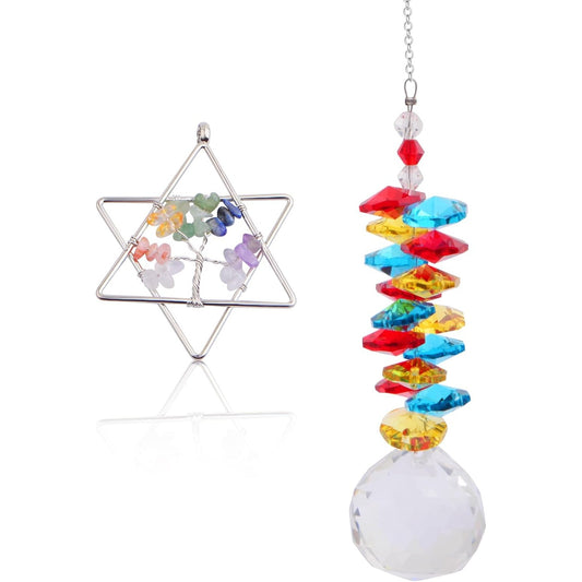 1pcs David Star Tree of Life Colorful Chakra Stones Ornament and 1pcs Rainbow Crystal Ball Prism Pendant Sun Catcher Gift for Home Indoor Window Car Hanging Accessories Decoration