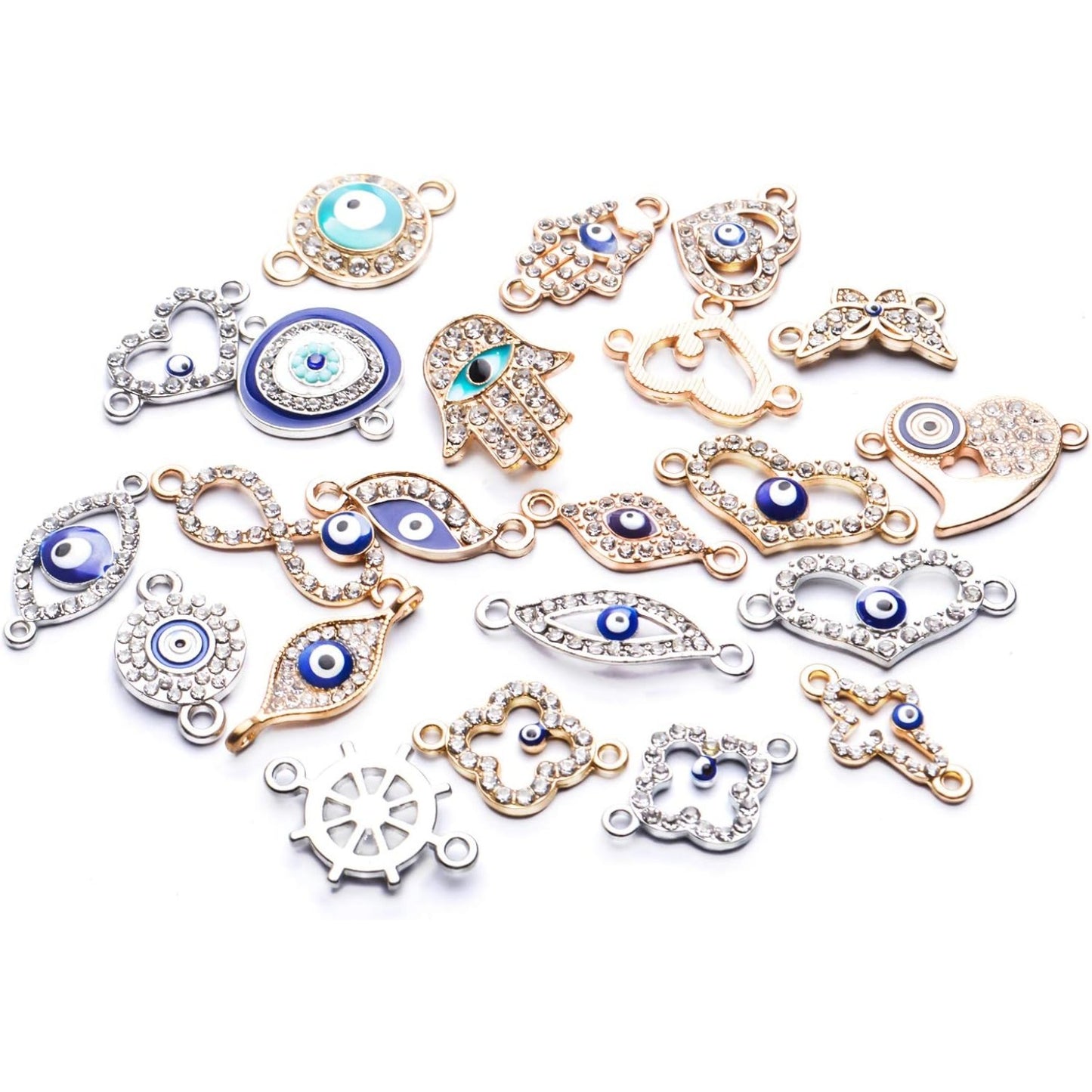 Evil Eye Connector Charms, 22pcs Enamel Rhinestone Diamond Heart Infinity Butterfly Hand of Fatima Jewelry With 2 Holes for DIY Bracelet Earrings Necklace