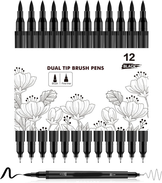HENDEVL  Drawing Pens, 12 Pack Dual Brush Pens Black Markers for Art Drawing Sketching
