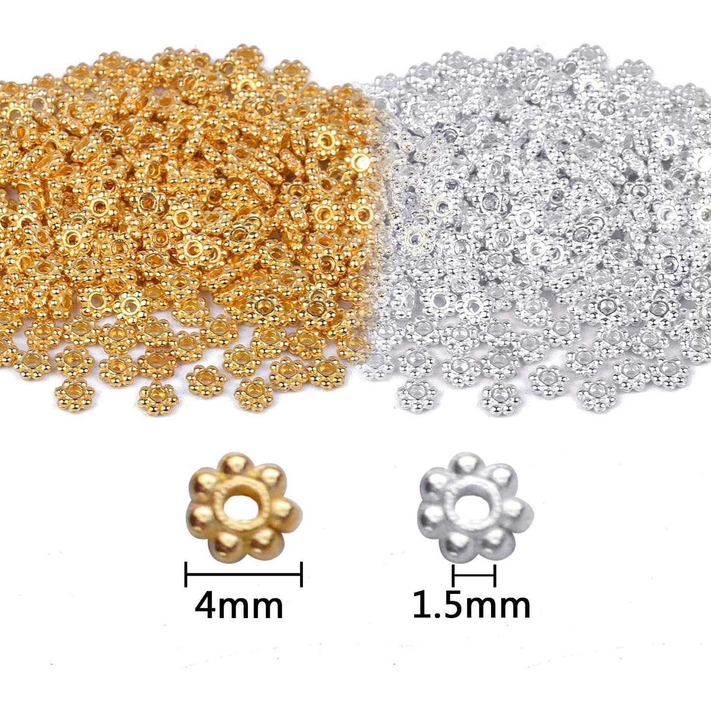 BronaGrand 500pcs Metal Daisy Spacer Beads 4mm for DIY Jewelry Making,Gold and Silver