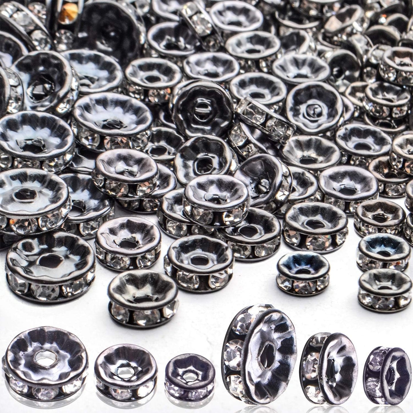 Crystal Spacer Beads,400pcs Gun-Black Rhinestone Beads Alloy Rondelle Loose Beads Craft Accessories for DIY Jewelry Bracelet Necklace Making,6mm/8mm/10mm