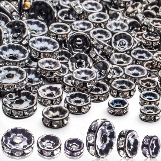 Crystal Spacer Beads,400pcs Gun-Black Rhinestone Beads Alloy Rondelle Loose Beads Craft Accessories for DIY Jewelry Bracelet Necklace Making,6mm/8mm/10mm
